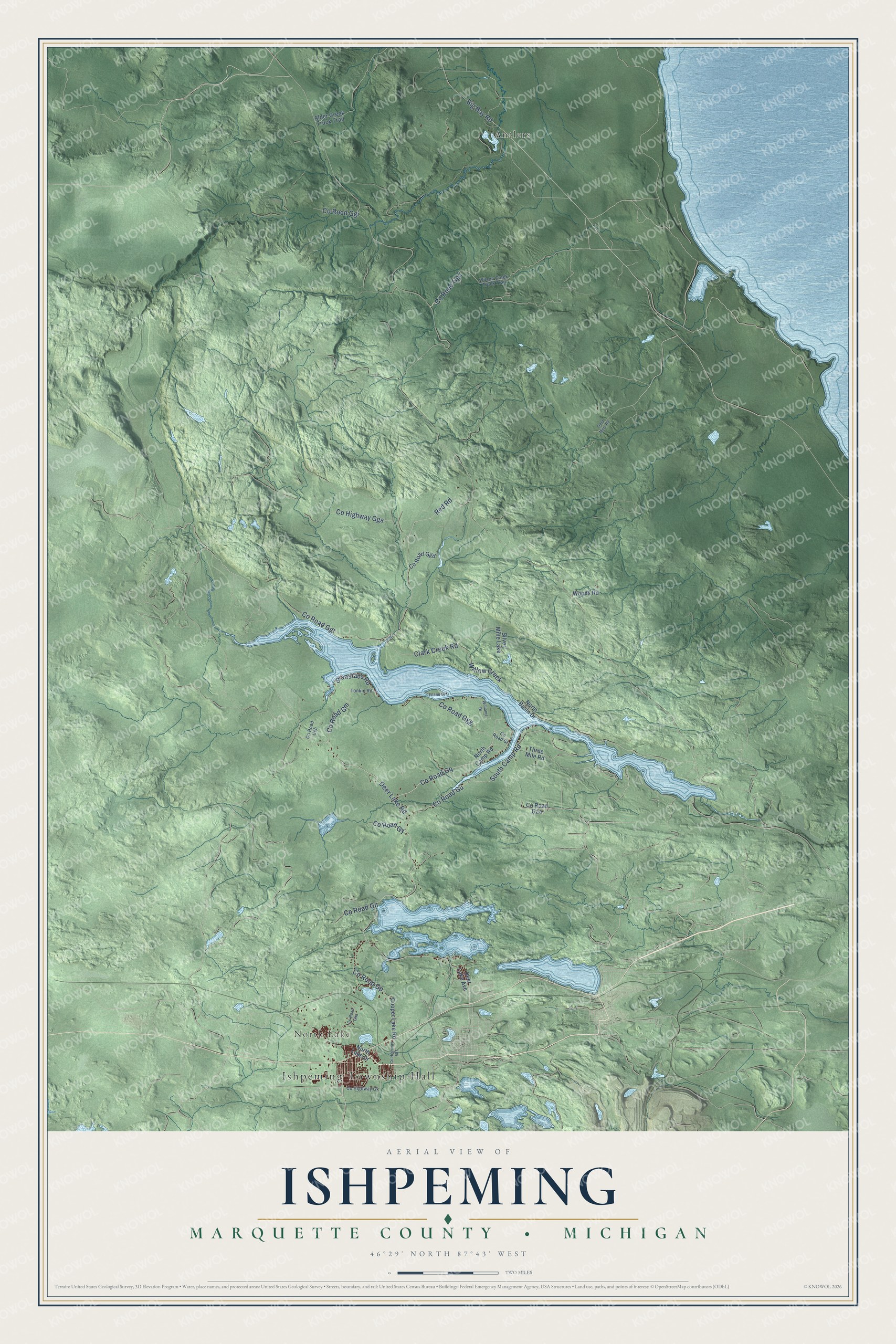 Full map of Ishpeming, Michigan, with red buildings, printed street names and the land around them