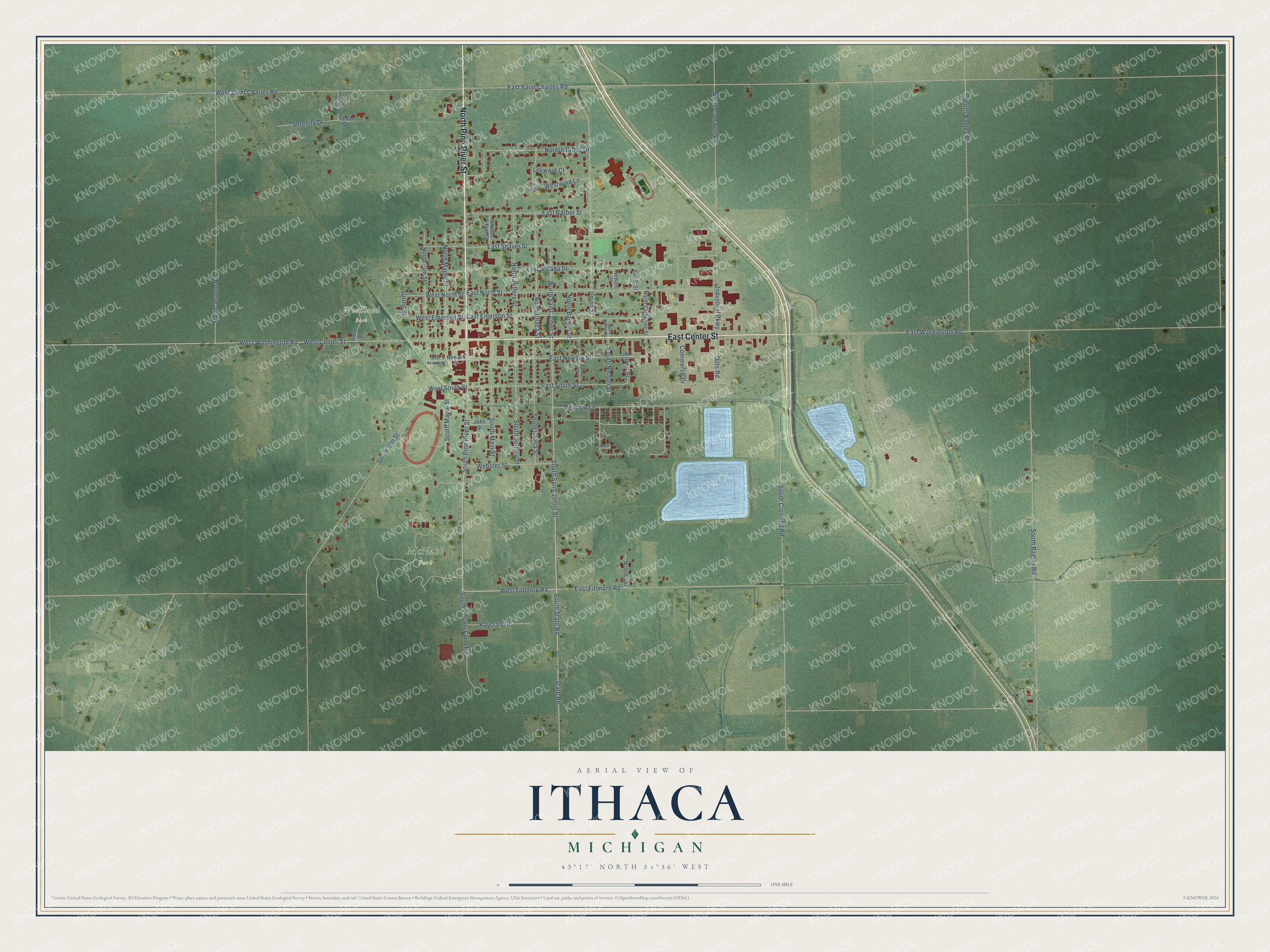 Full map of Ithaca, Michigan, with red buildings, printed street names and the land around them
