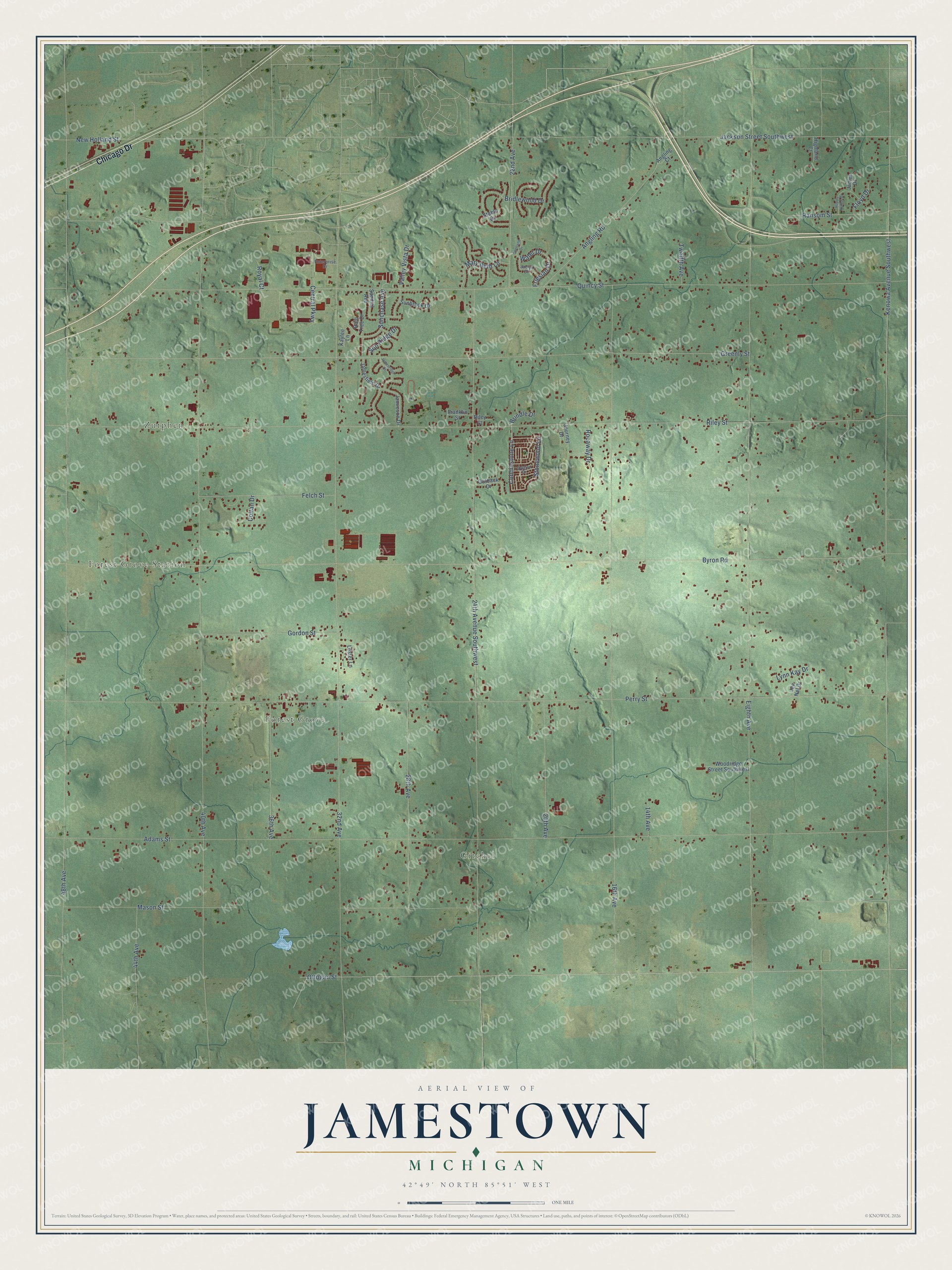 Full map of Jamestown, Michigan, with red buildings, printed street names and the land around them