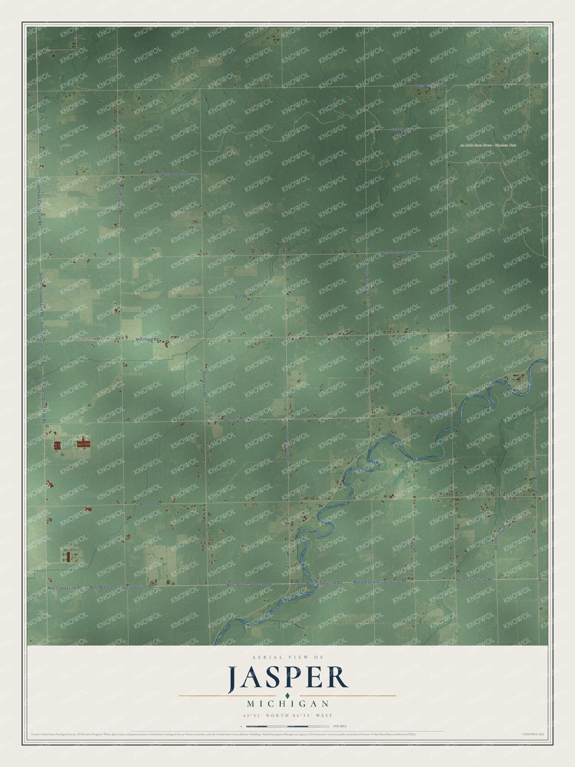 Full map of Jasper, Michigan, with red buildings, printed street names and the land around them