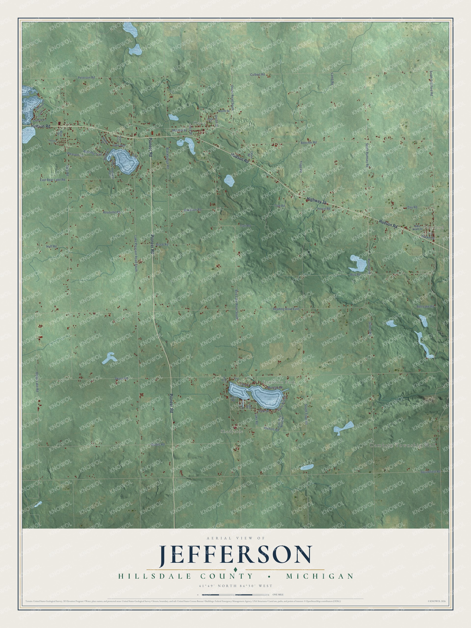 Full map of Jefferson, Michigan, with red buildings, printed street names and the land around them