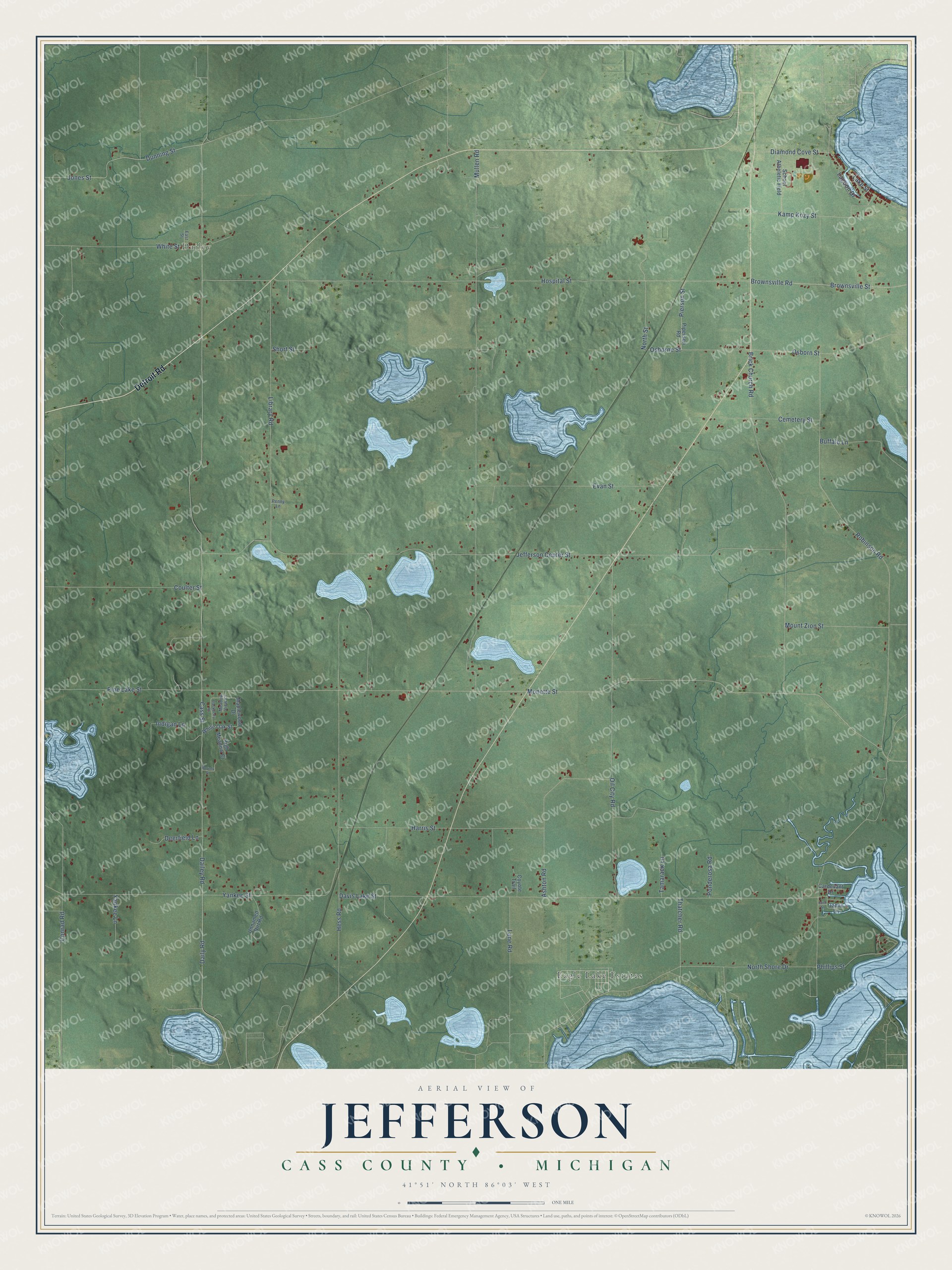 Full map of Jefferson, Michigan, with red buildings, printed street names and the land around them