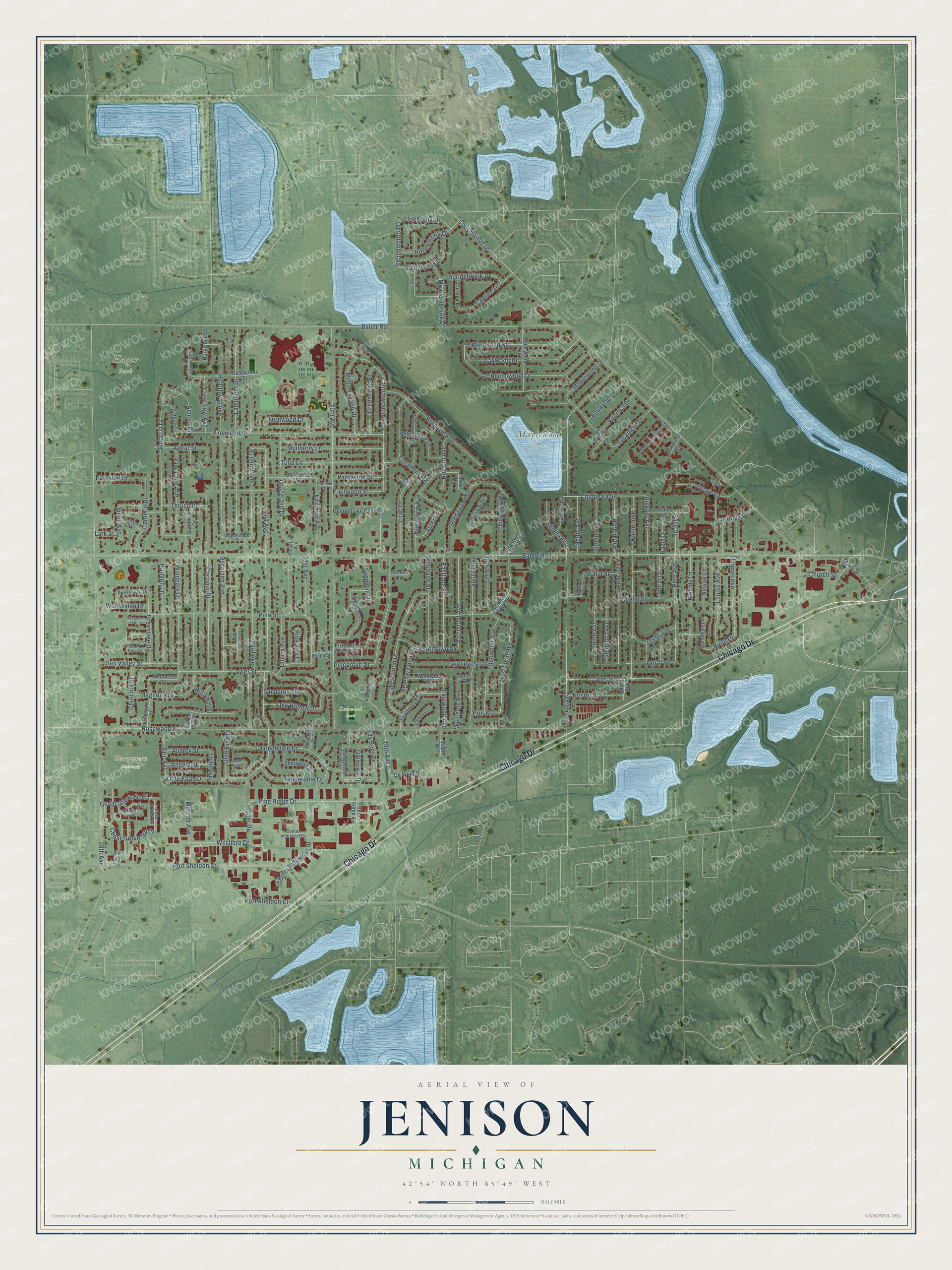 Full map of Jenison, Michigan, with red buildings, printed street names and the land around them