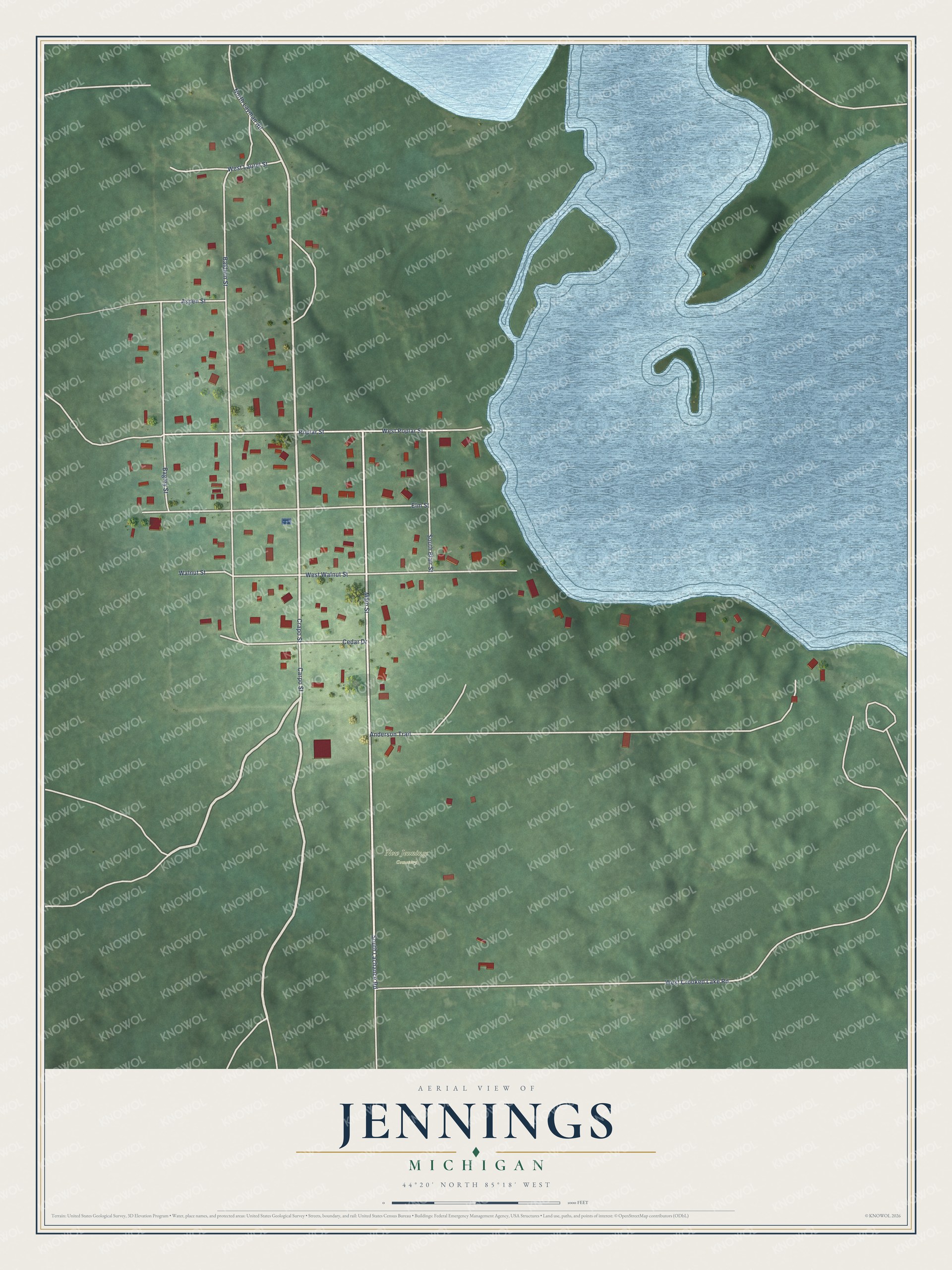 Full map of Jennings, Michigan, with red buildings, printed street names and the land around them