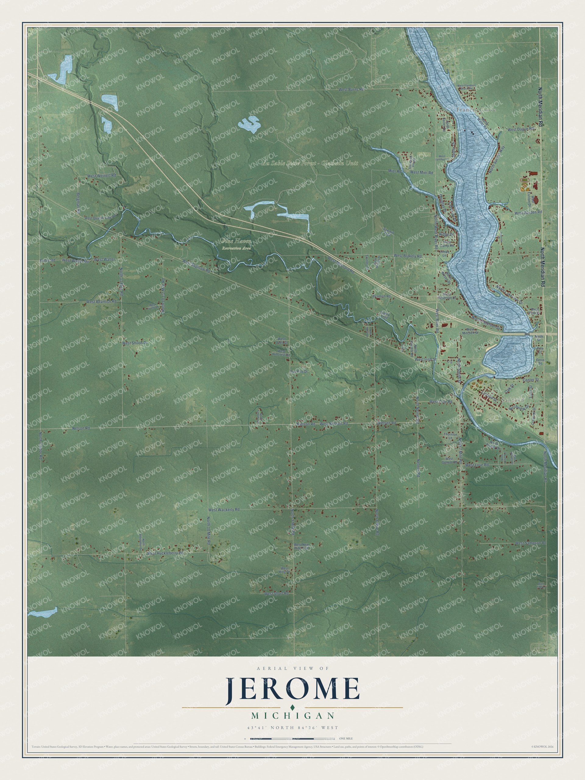 Full map of Jerome, Michigan, with red buildings, printed street names and the land around them