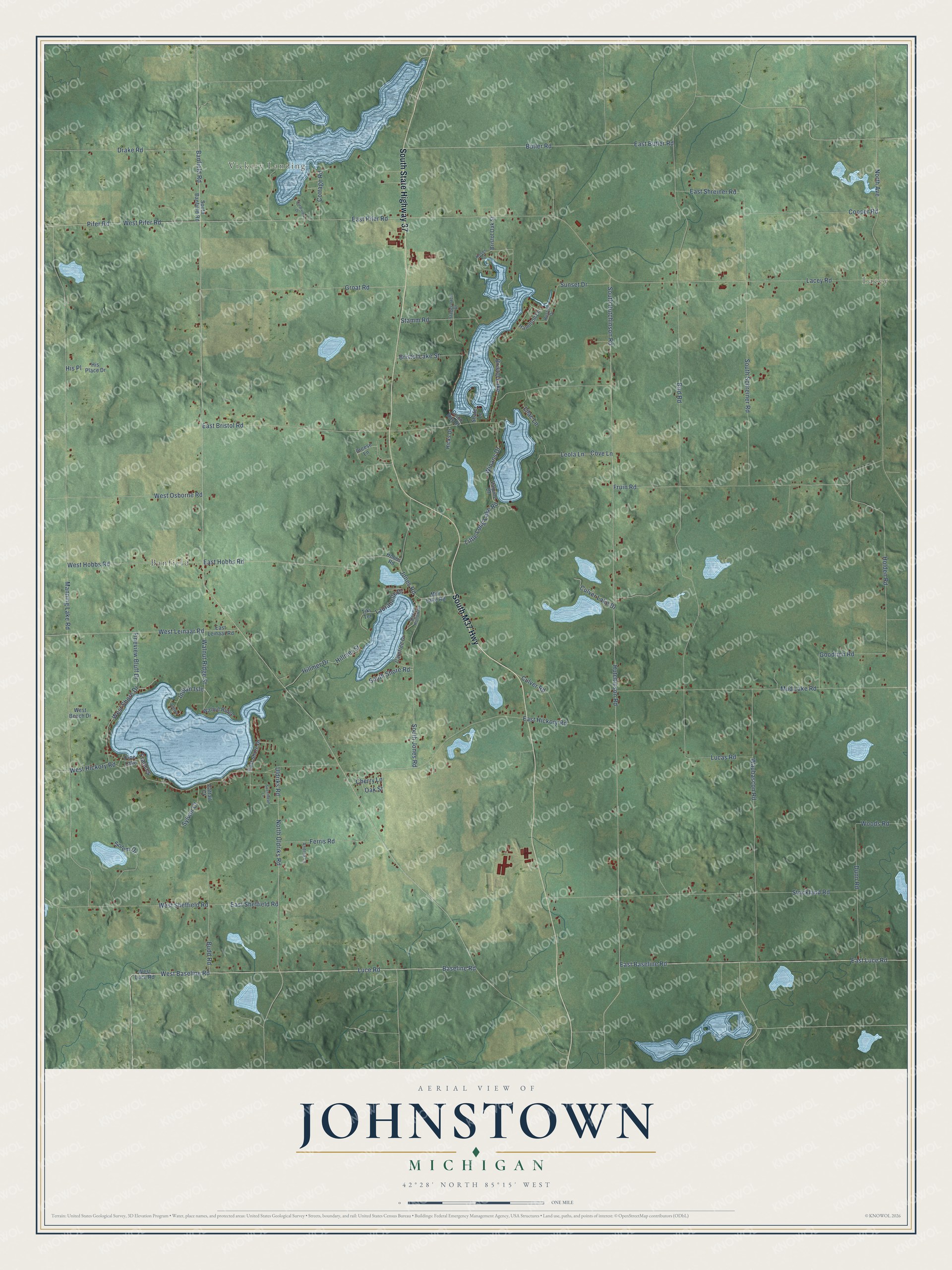 Full map of Johnstown, Michigan, with red buildings, printed street names and the land around them