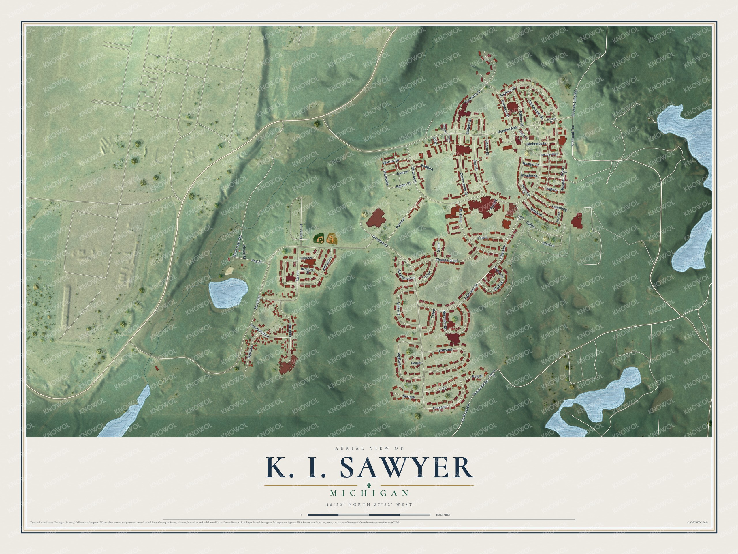 Full map of K. I. Sawyer, Michigan, with red buildings, printed street names and the land around them