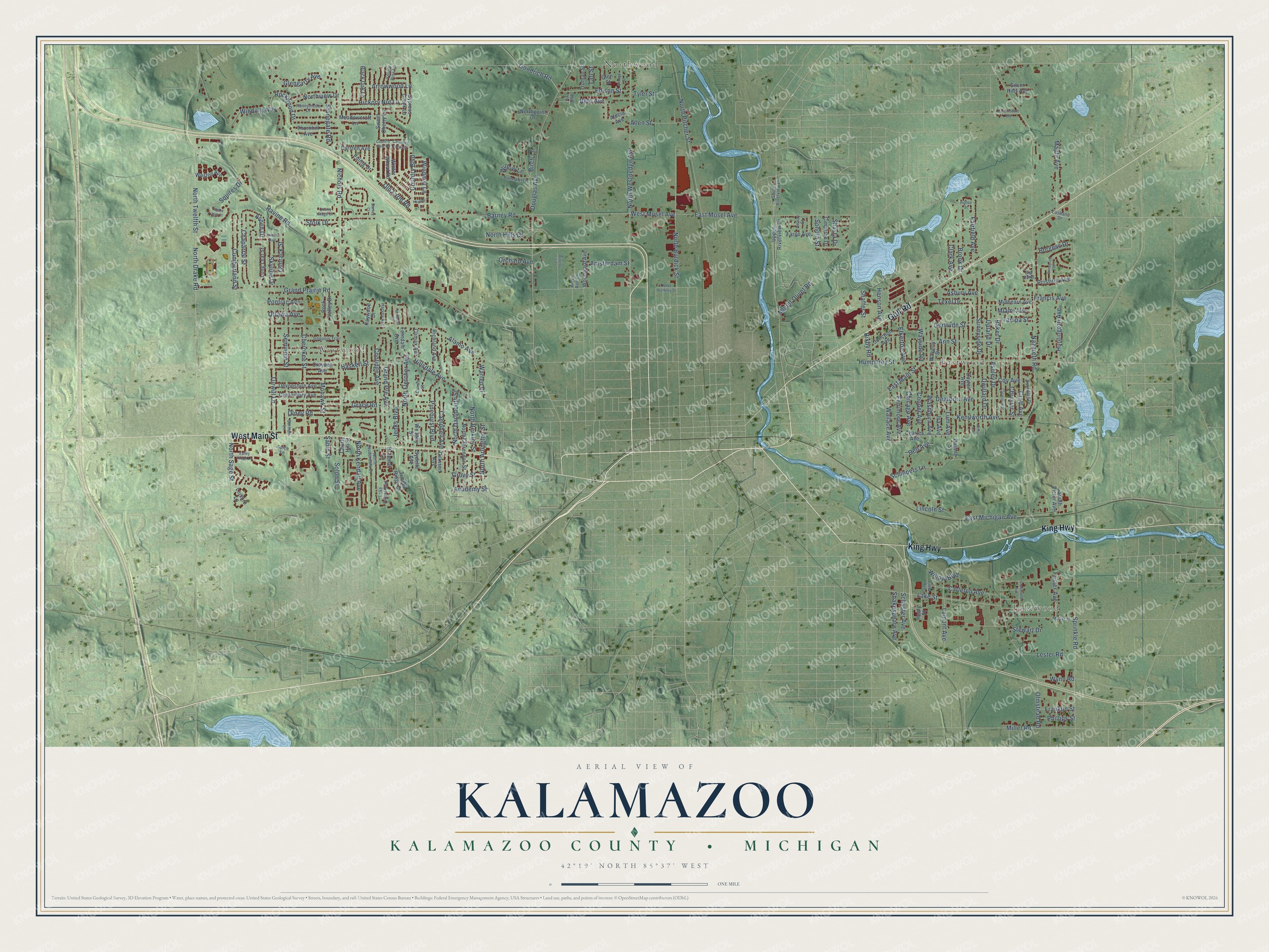 Full map of Kalamazoo, Michigan, with red buildings, printed street names and the land around them