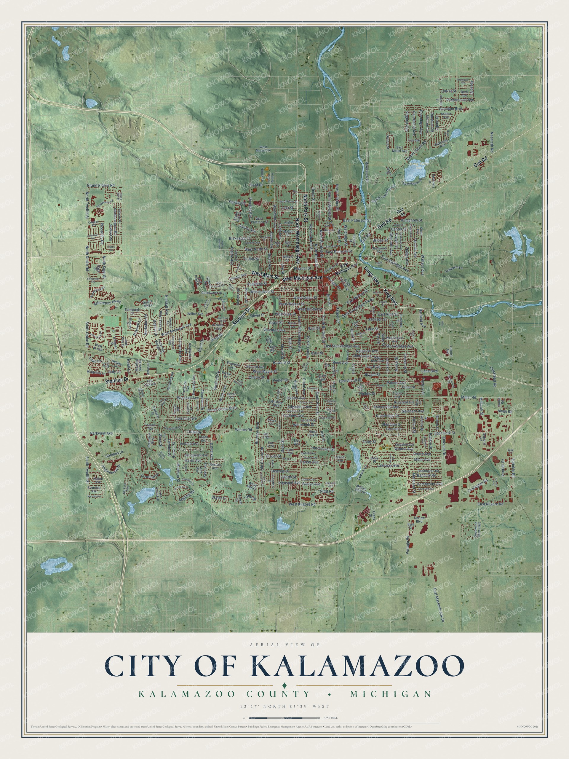 Full map of Kalamazoo, Michigan, with red buildings, printed street names and the land around them