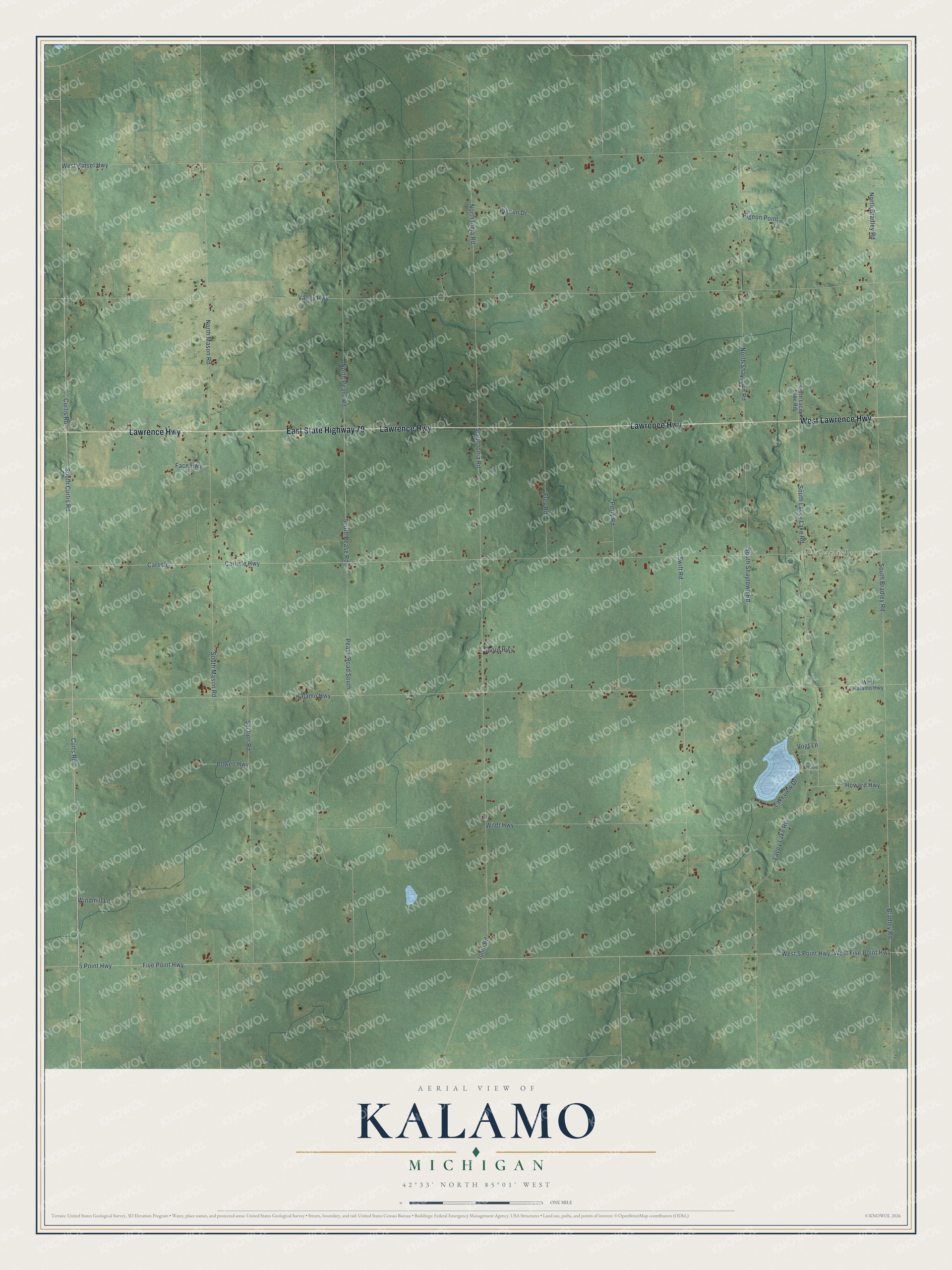 Full map of Kalamo, Michigan, with red buildings, printed street names and the land around them