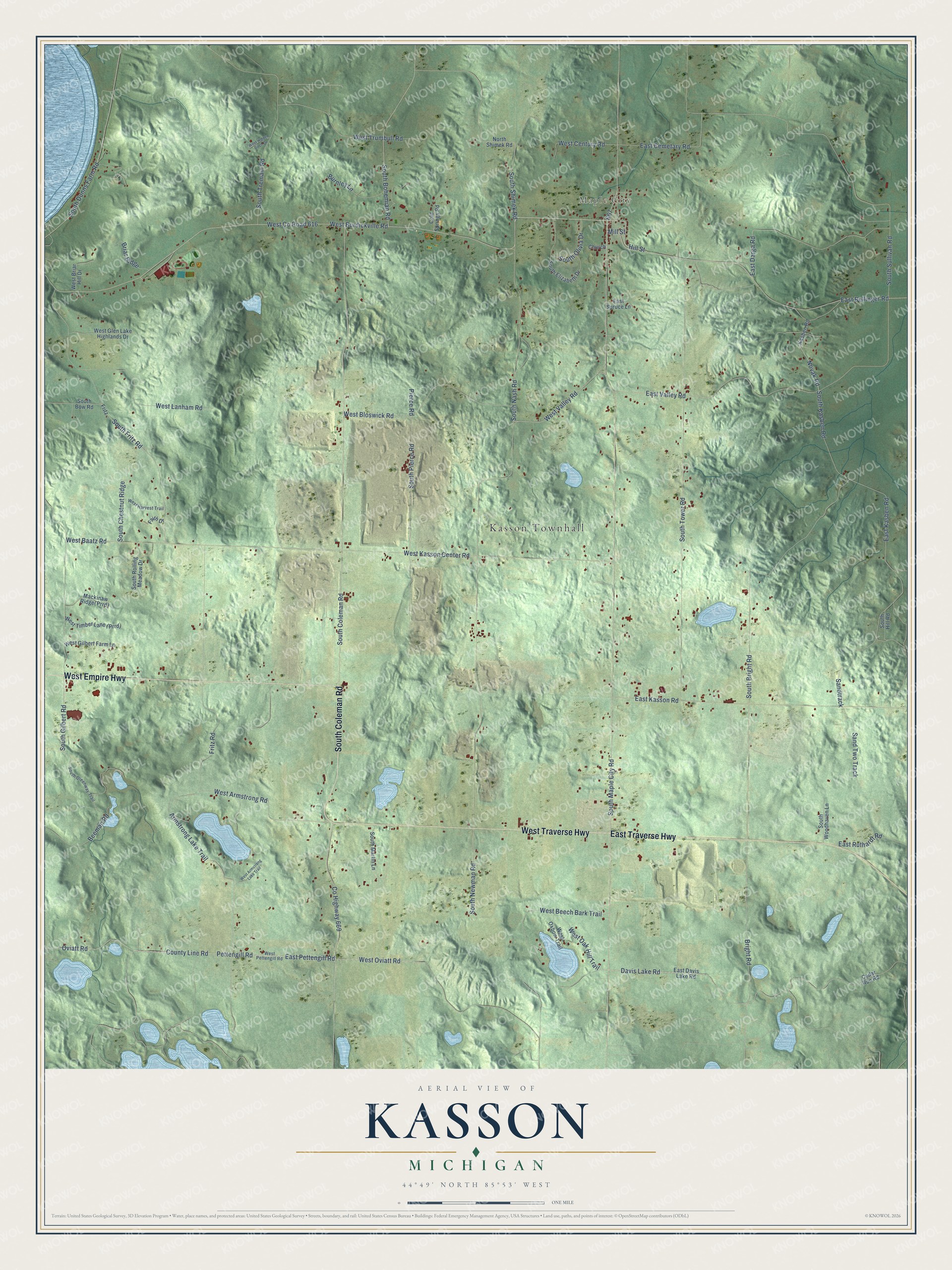Full map of Kasson, Michigan, with red buildings, printed street names and the land around them
