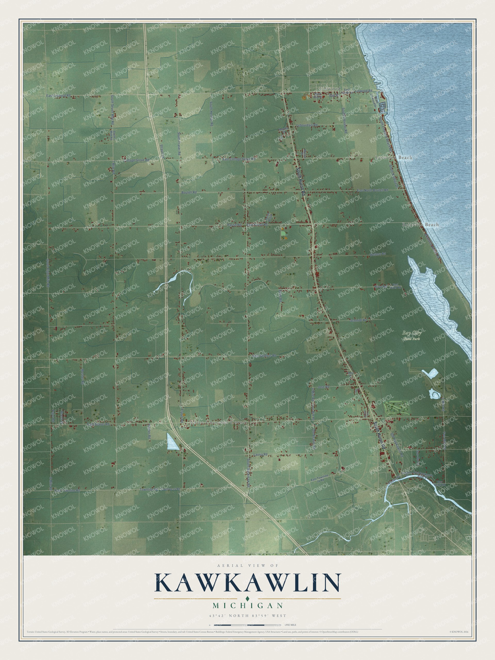 Full map of Kawkawlin, Michigan, with red buildings, printed street names and the land around them