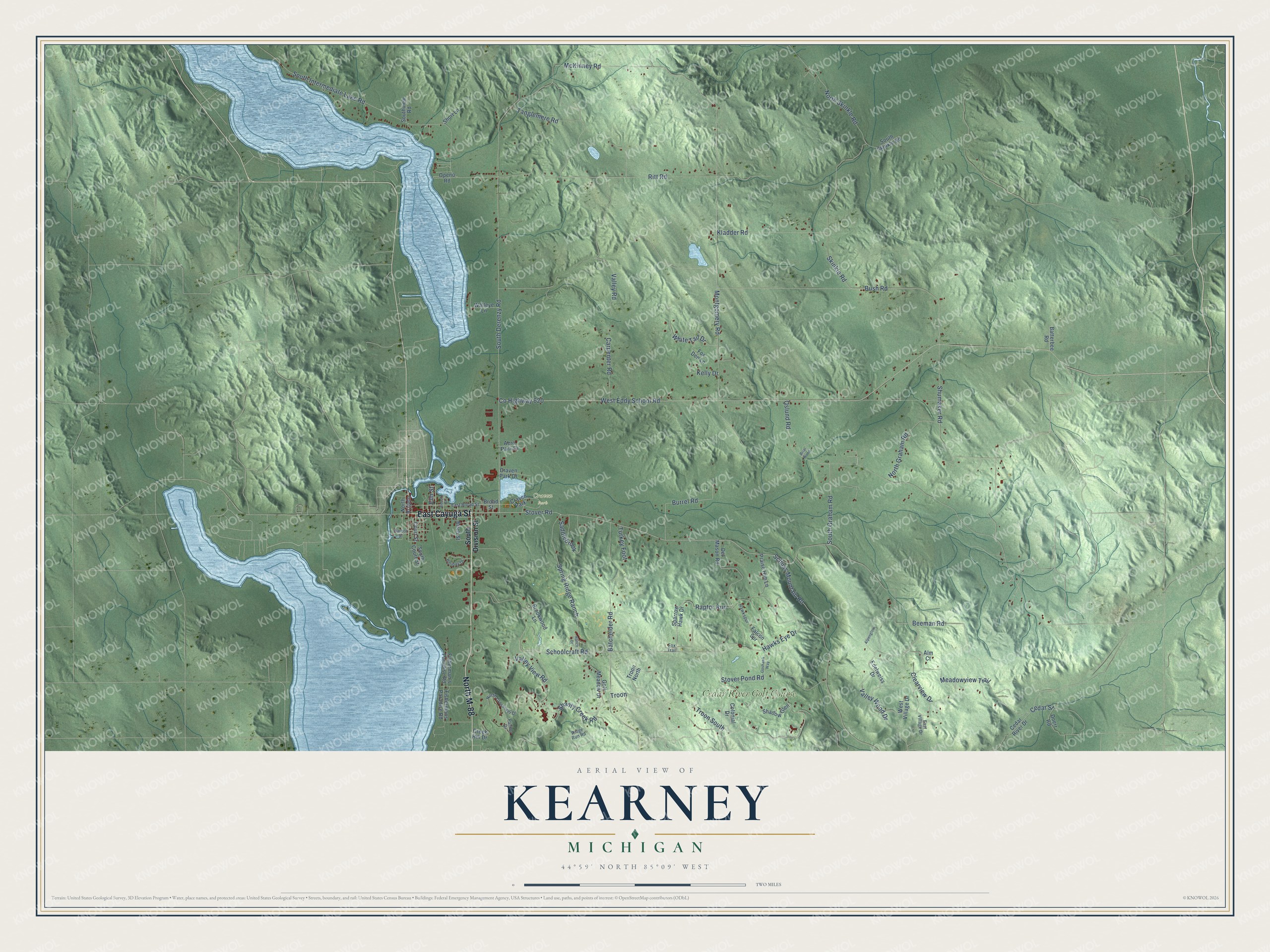 Full map of Kearney, Michigan, with red buildings, printed street names and the land around them