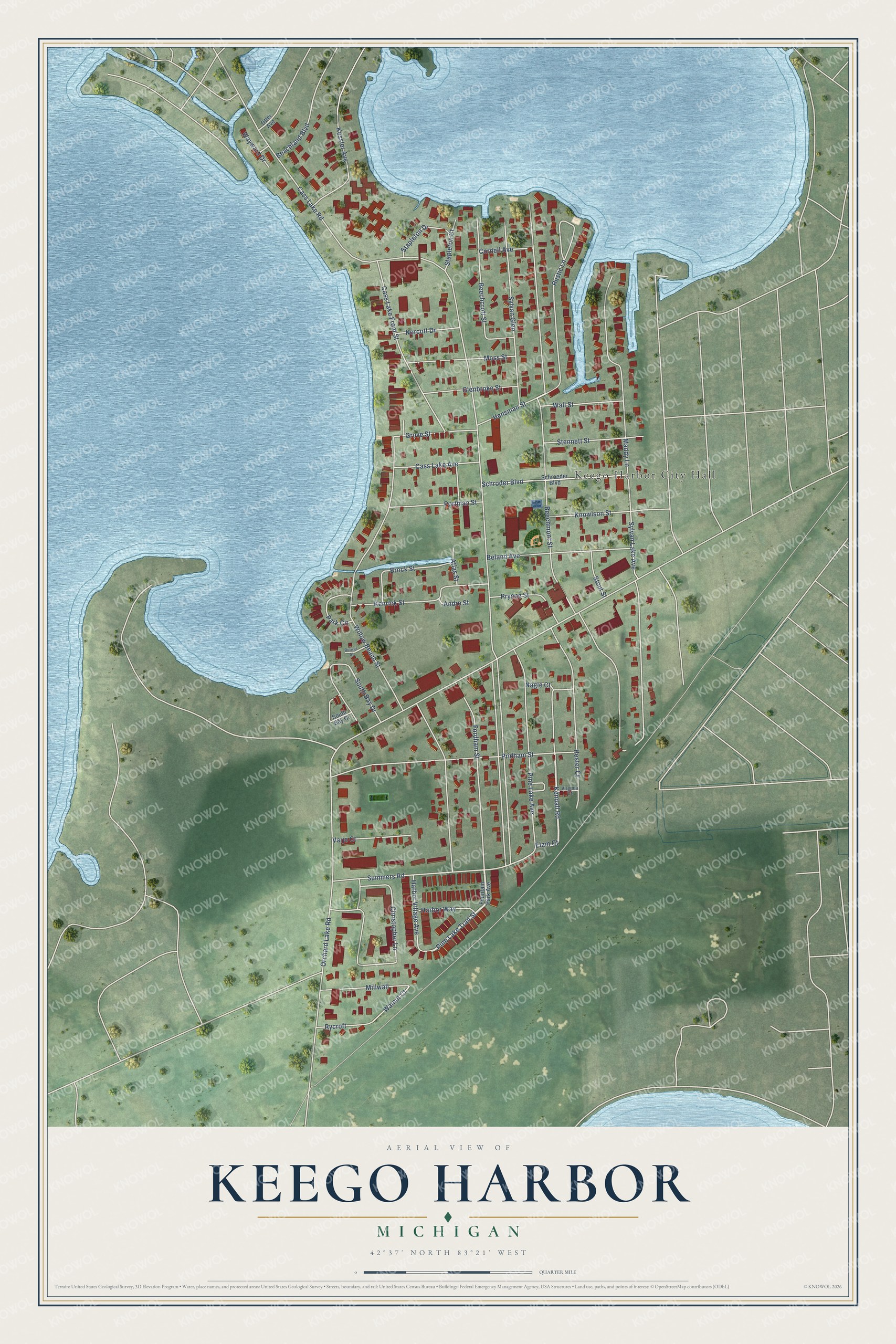 Full map of Keego Harbor, Michigan, with red buildings, printed street names and the land around them