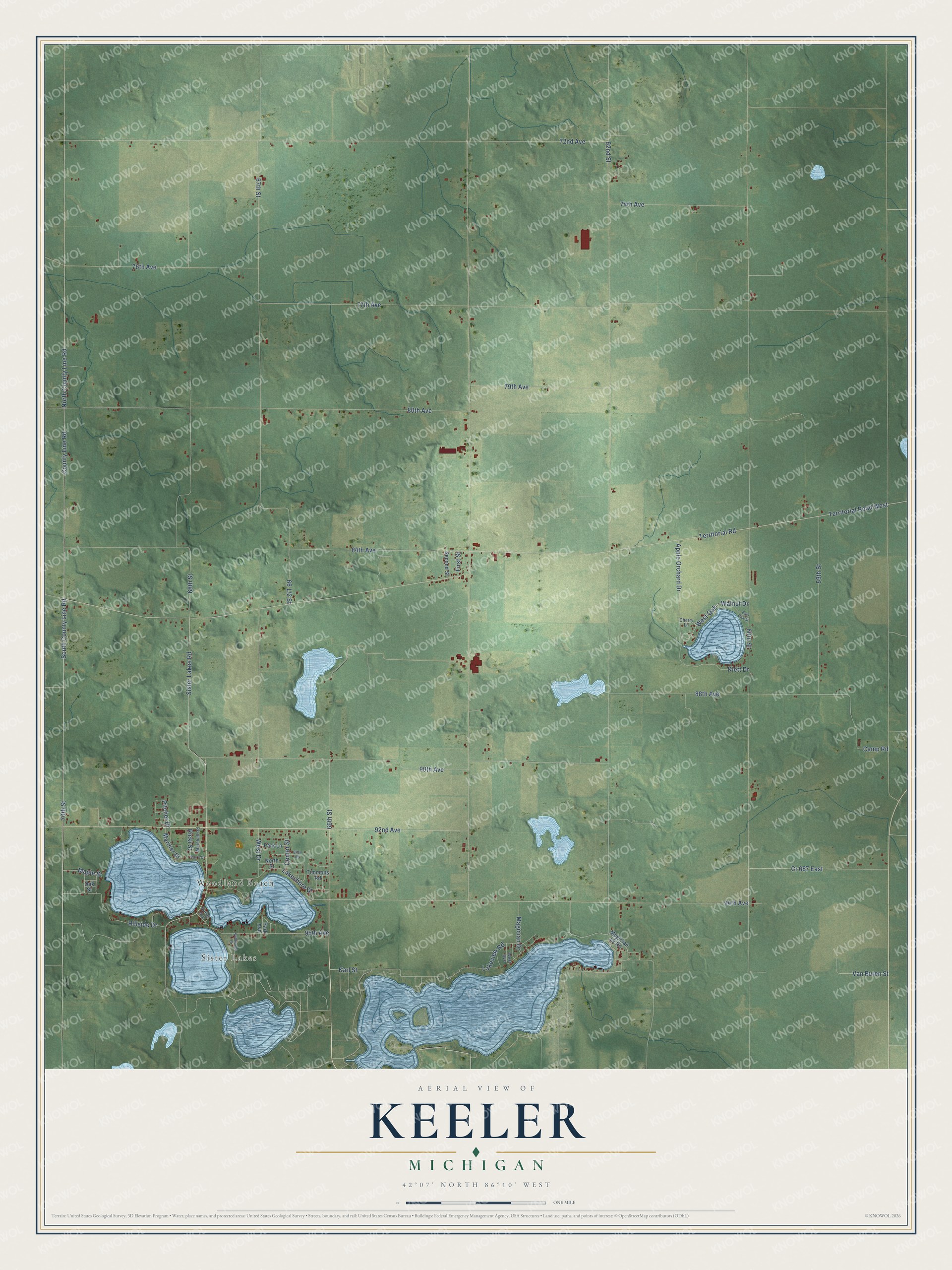 Full map of Keeler, Michigan, with red buildings, printed street names and the land around them