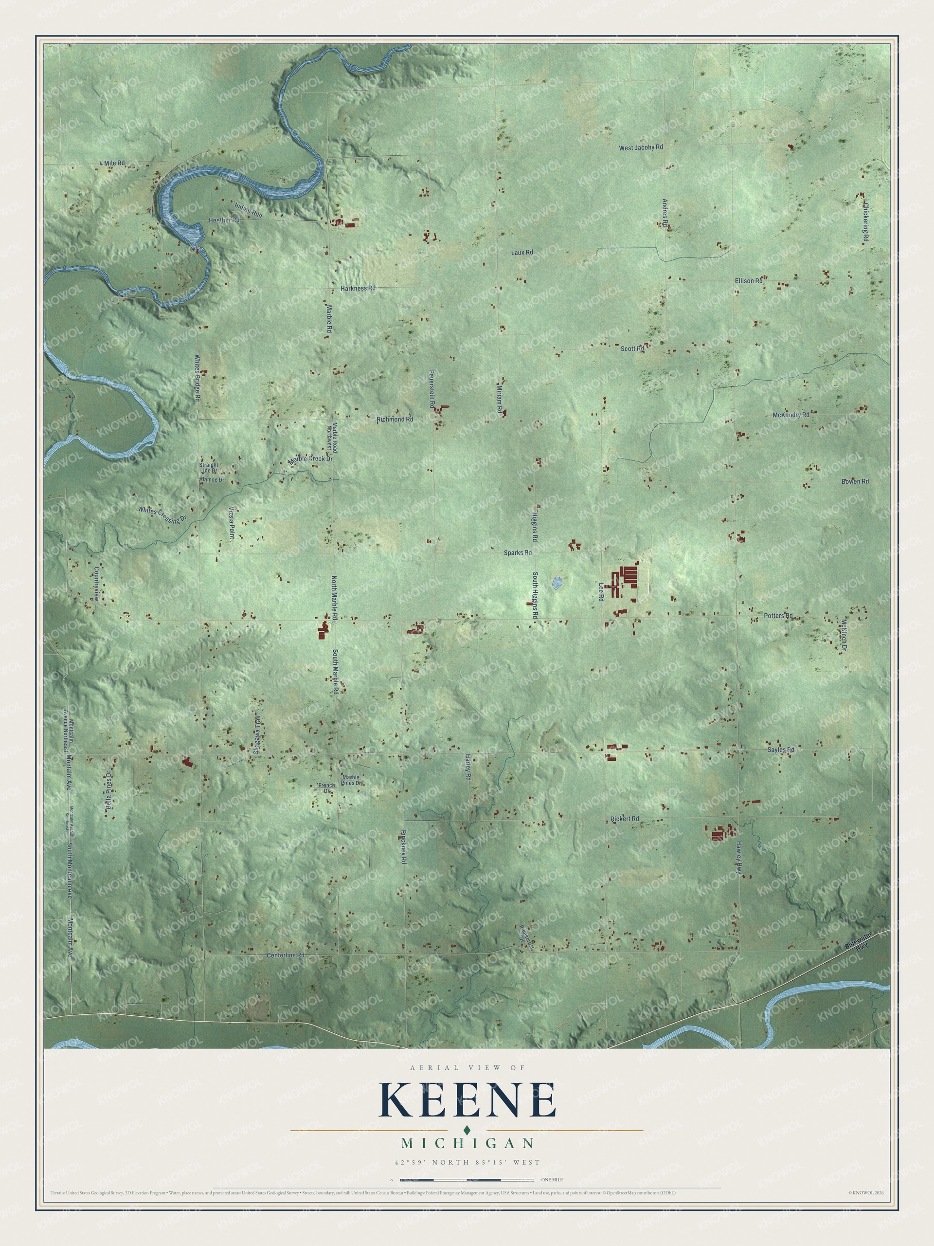 Full map of Keene, Michigan, with red buildings, printed street names and the land around them
