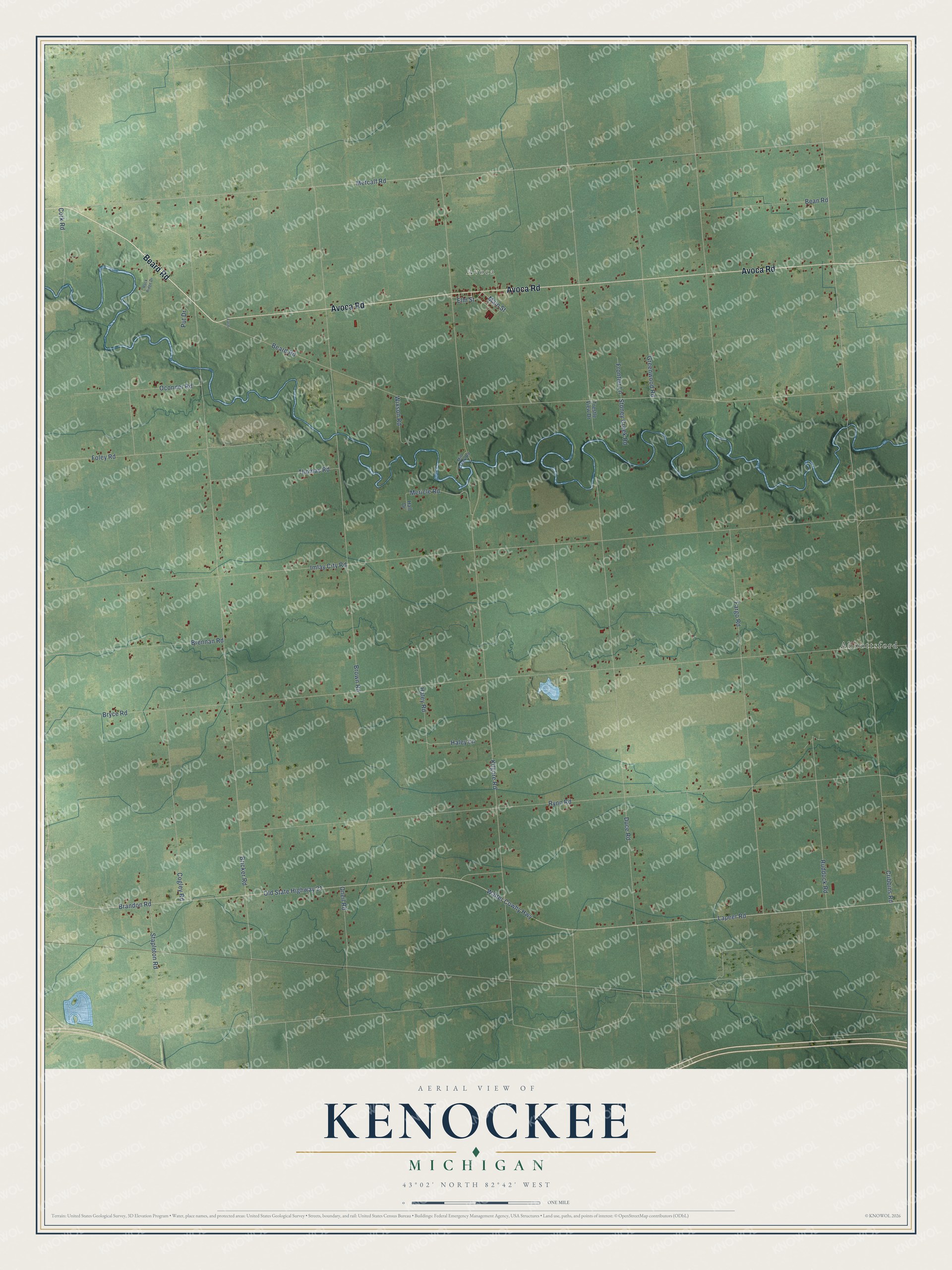 Full map of Kenockee, Michigan, with red buildings, printed street names and the land around them