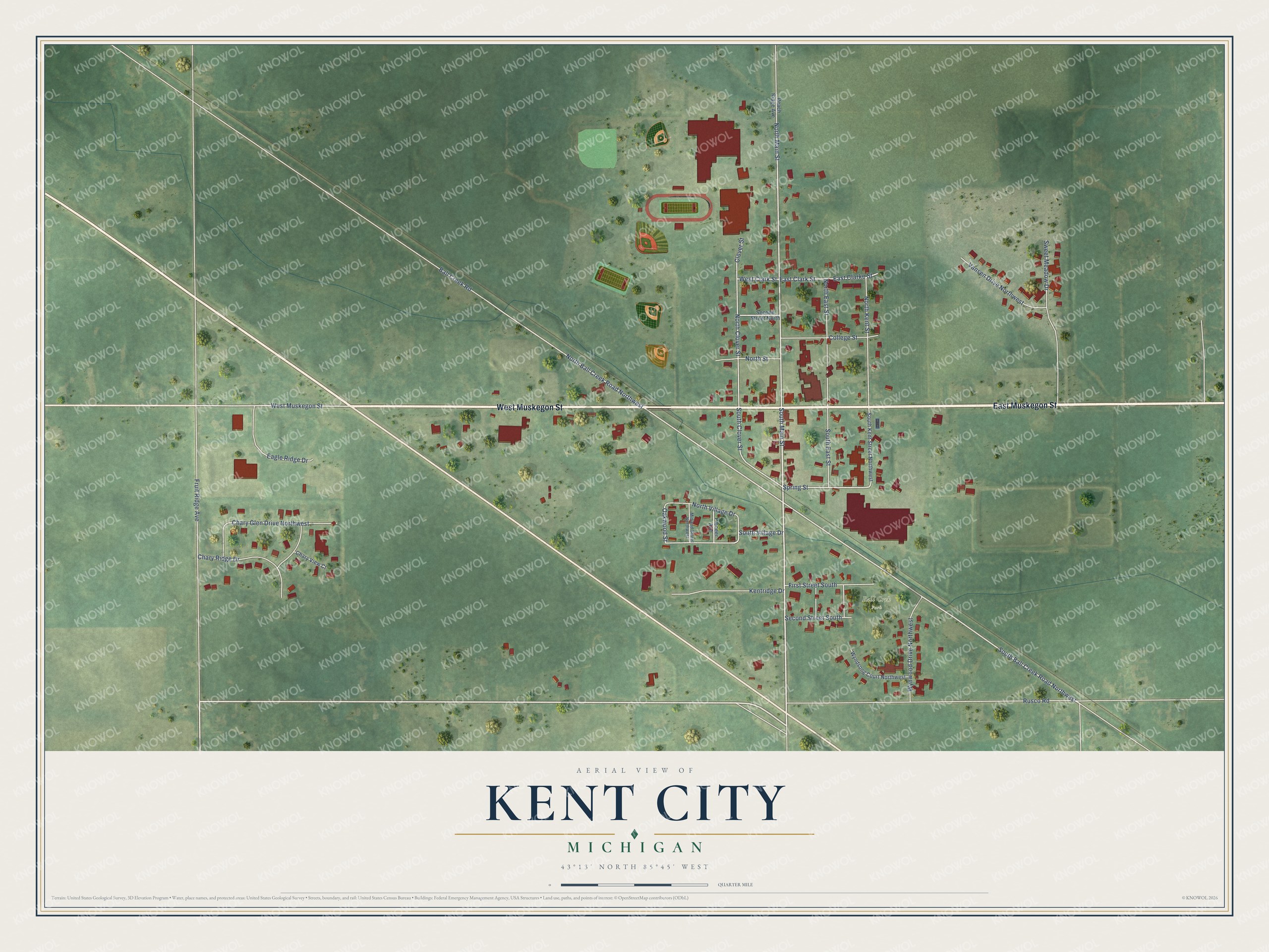 Full map of Kent City, Michigan, with red buildings, printed street names and the land around them