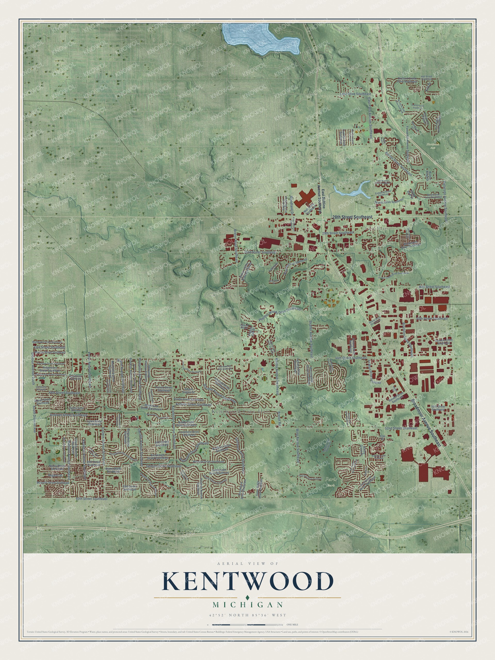 Full map of Kentwood, Michigan, with red buildings, printed street names and the land around them