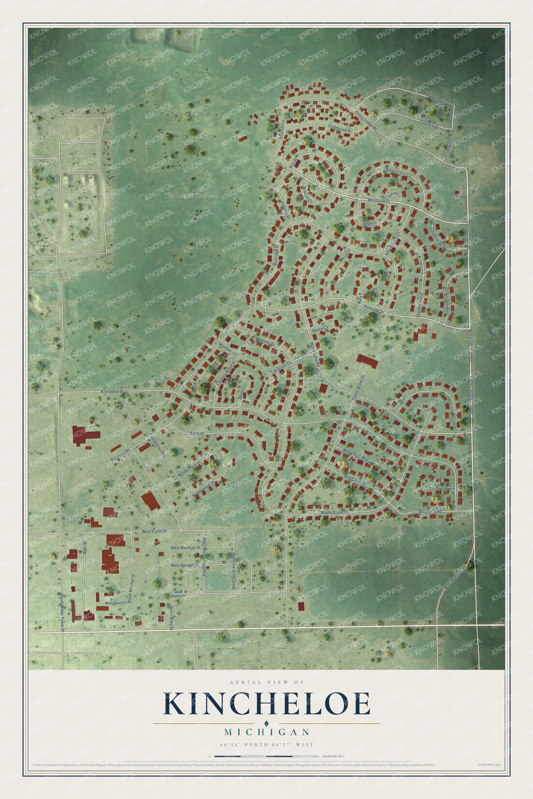 Full map of Kincheloe, Michigan, with red buildings, printed street names and the land around them