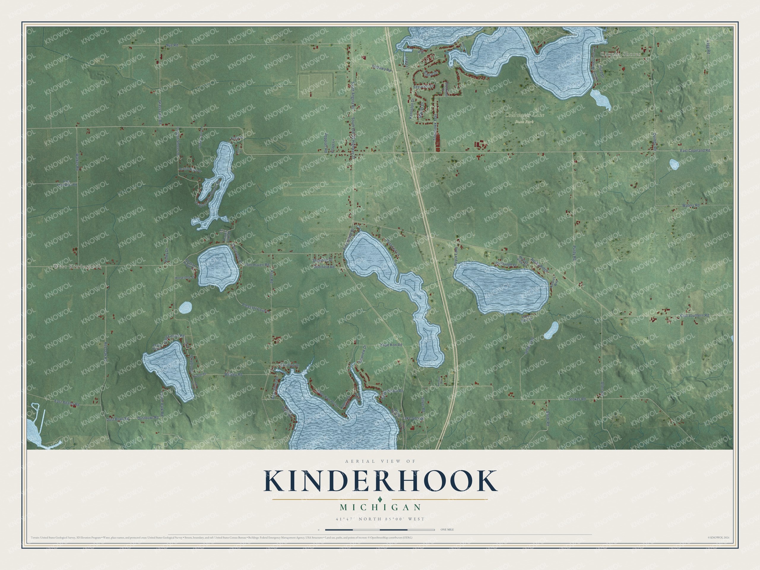 Full map of Kinderhook, Michigan, with red buildings, printed street names and the land around them
