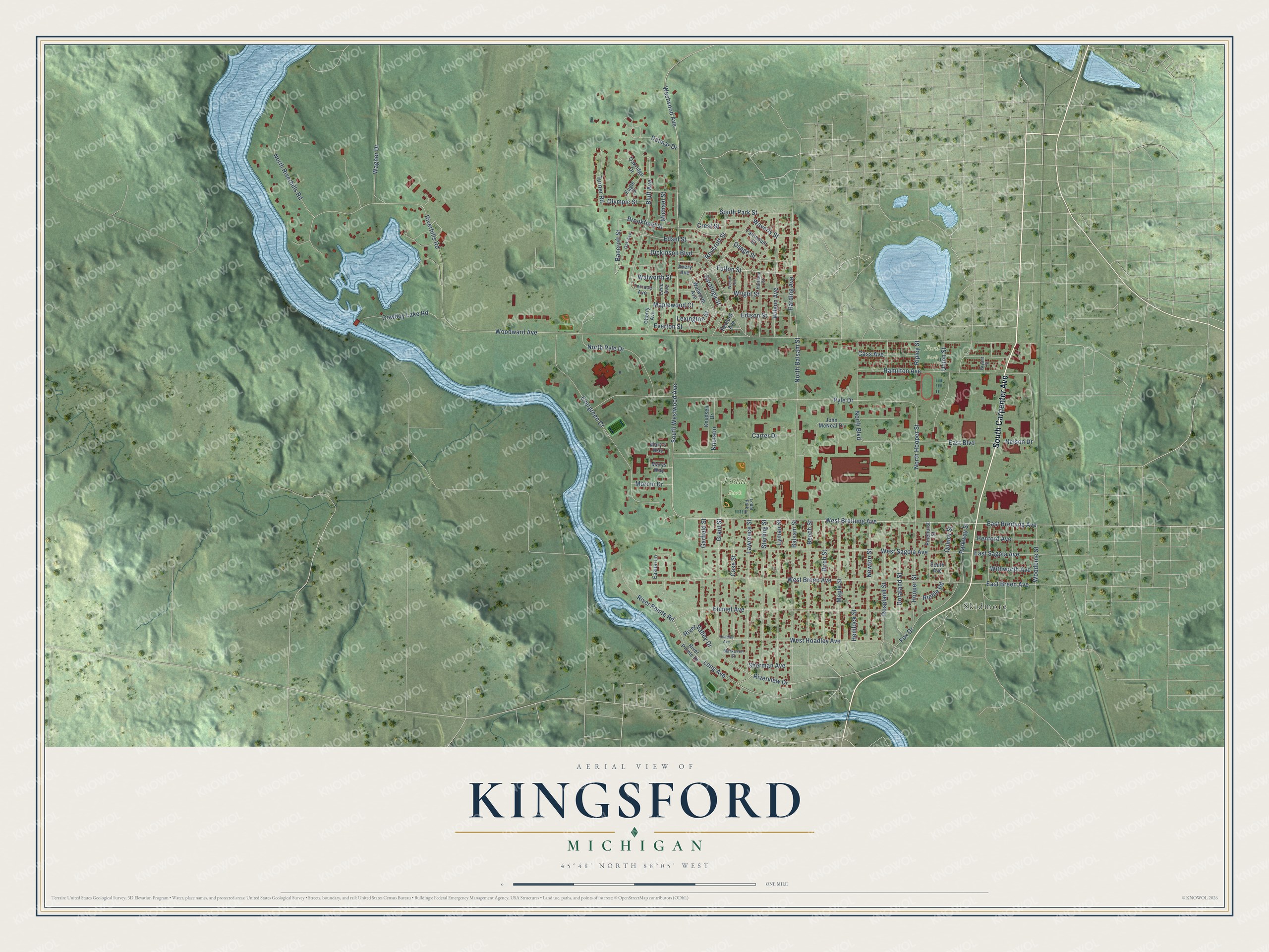 Full map of Kingsford, Michigan, with red buildings, printed street names and the land around them