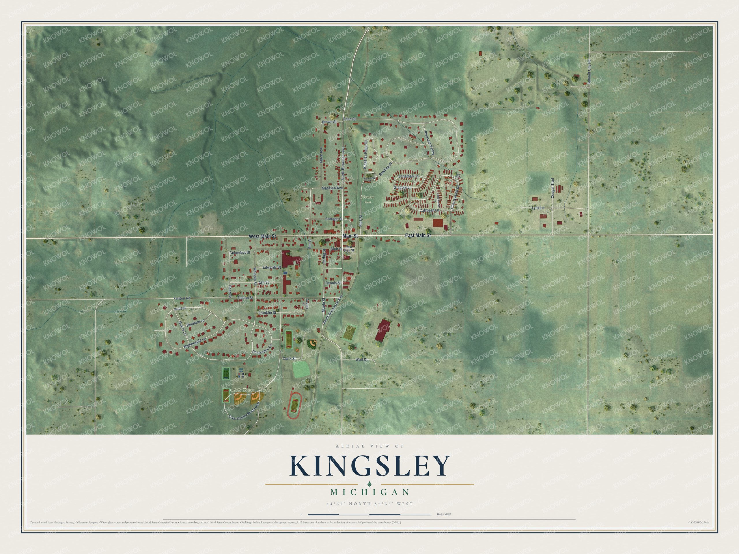 Full map of Kingsley, Michigan, with red buildings, printed street names and the land around them