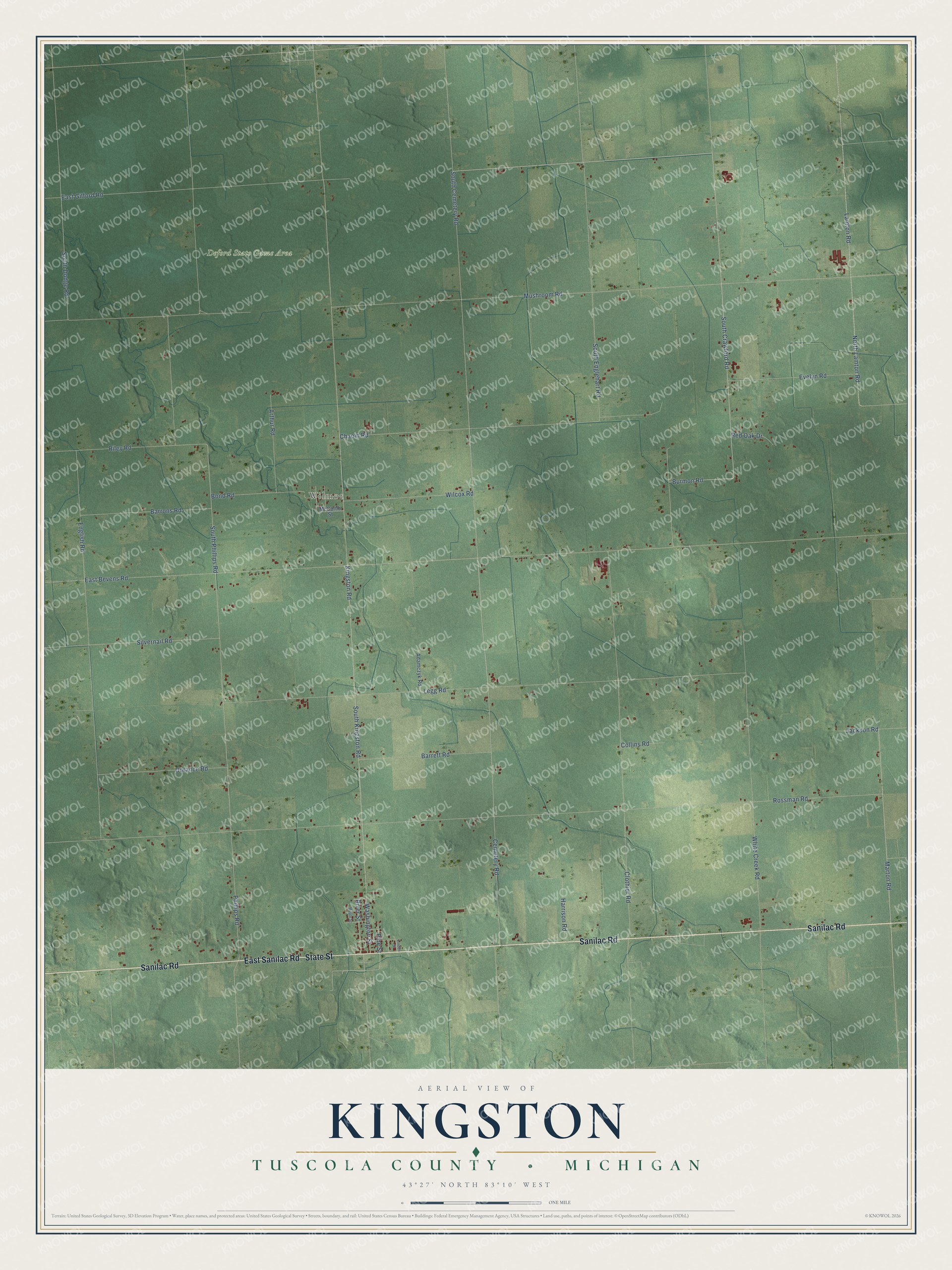 Full map of Kingston, Michigan, with red buildings, printed street names and the land around them