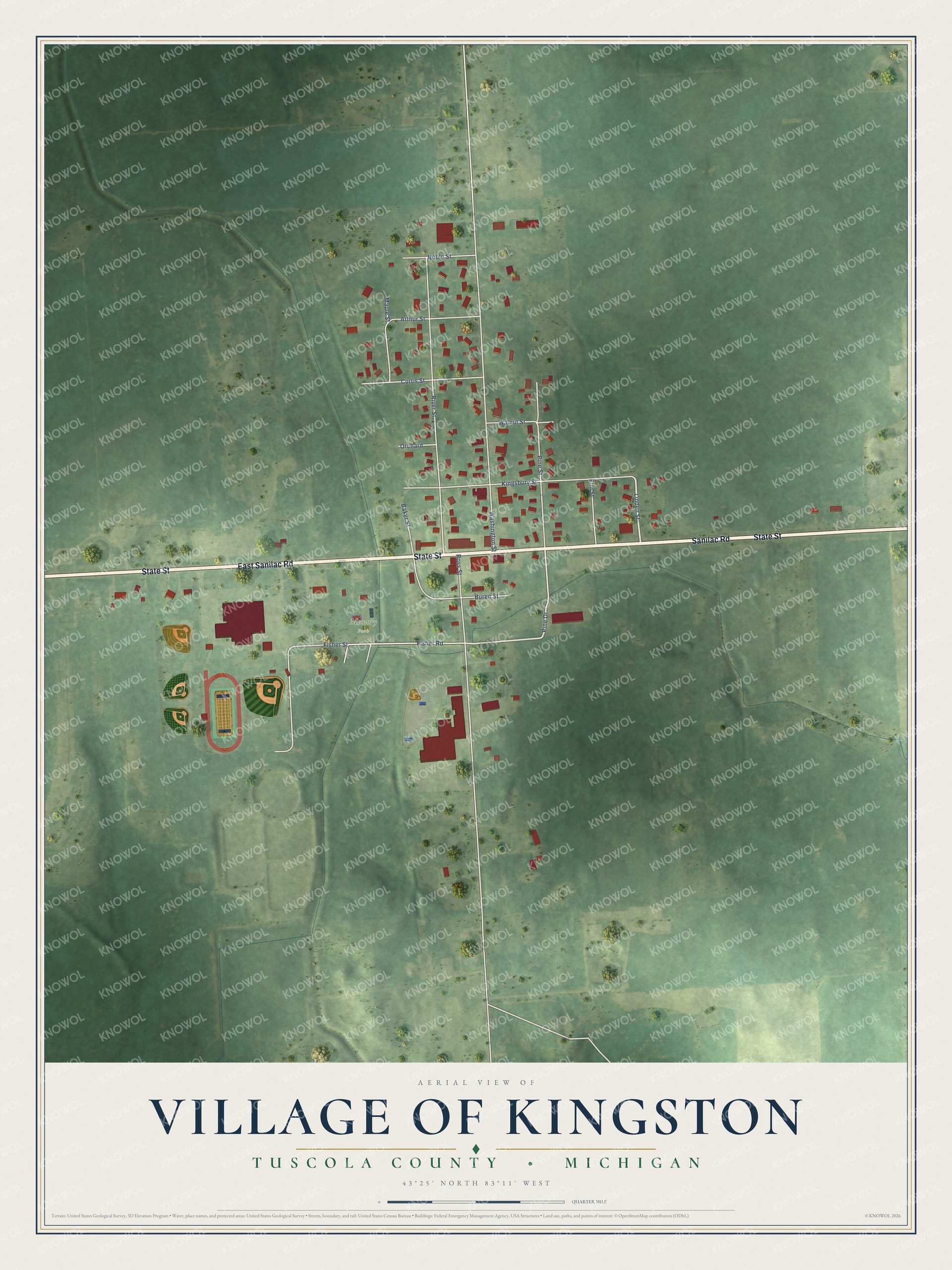 Full map of Kingston, Michigan, with red buildings, printed street names and the land around them