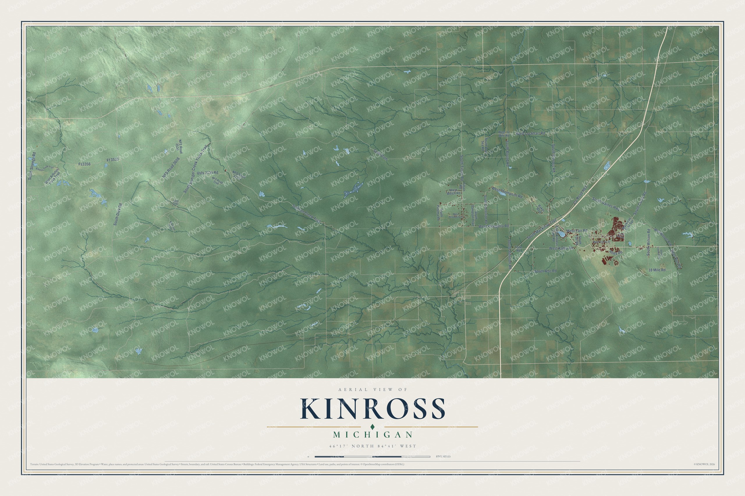 Full map of Kinross, Michigan, with red buildings, printed street names and the land around them