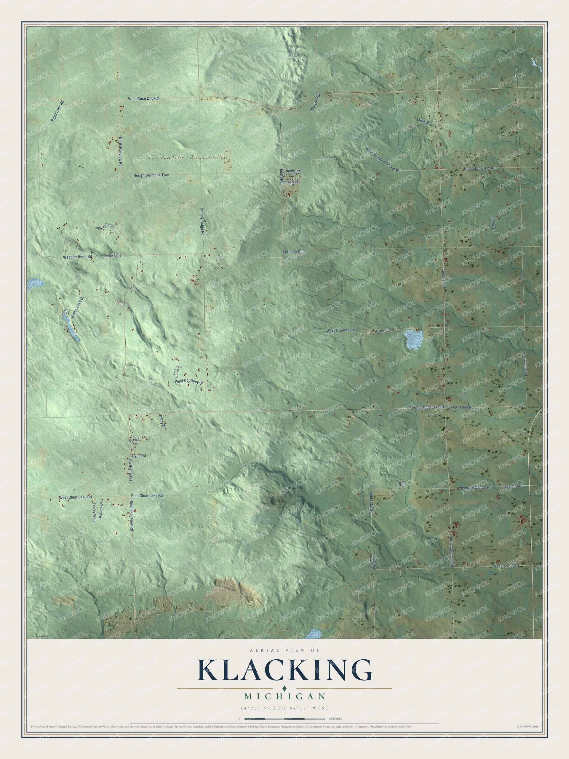 Full map of Klacking, Michigan, with red buildings, printed street names and the land around them