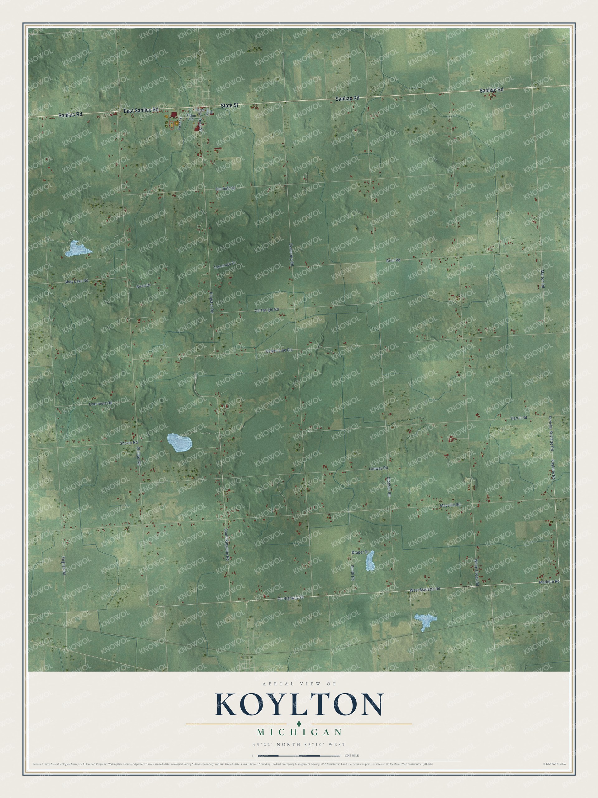 Full map of Koylton, Michigan, with red buildings, printed street names and the land around them