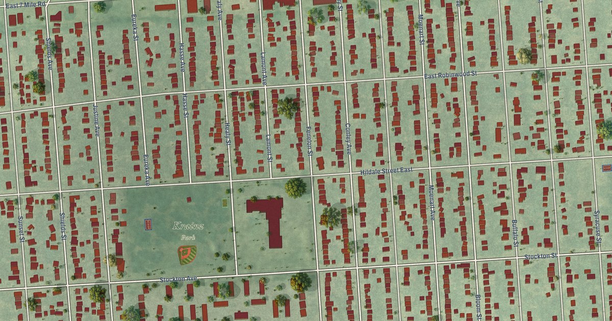 Close-up of streets and buildings in Krainz Woods, Michigan
