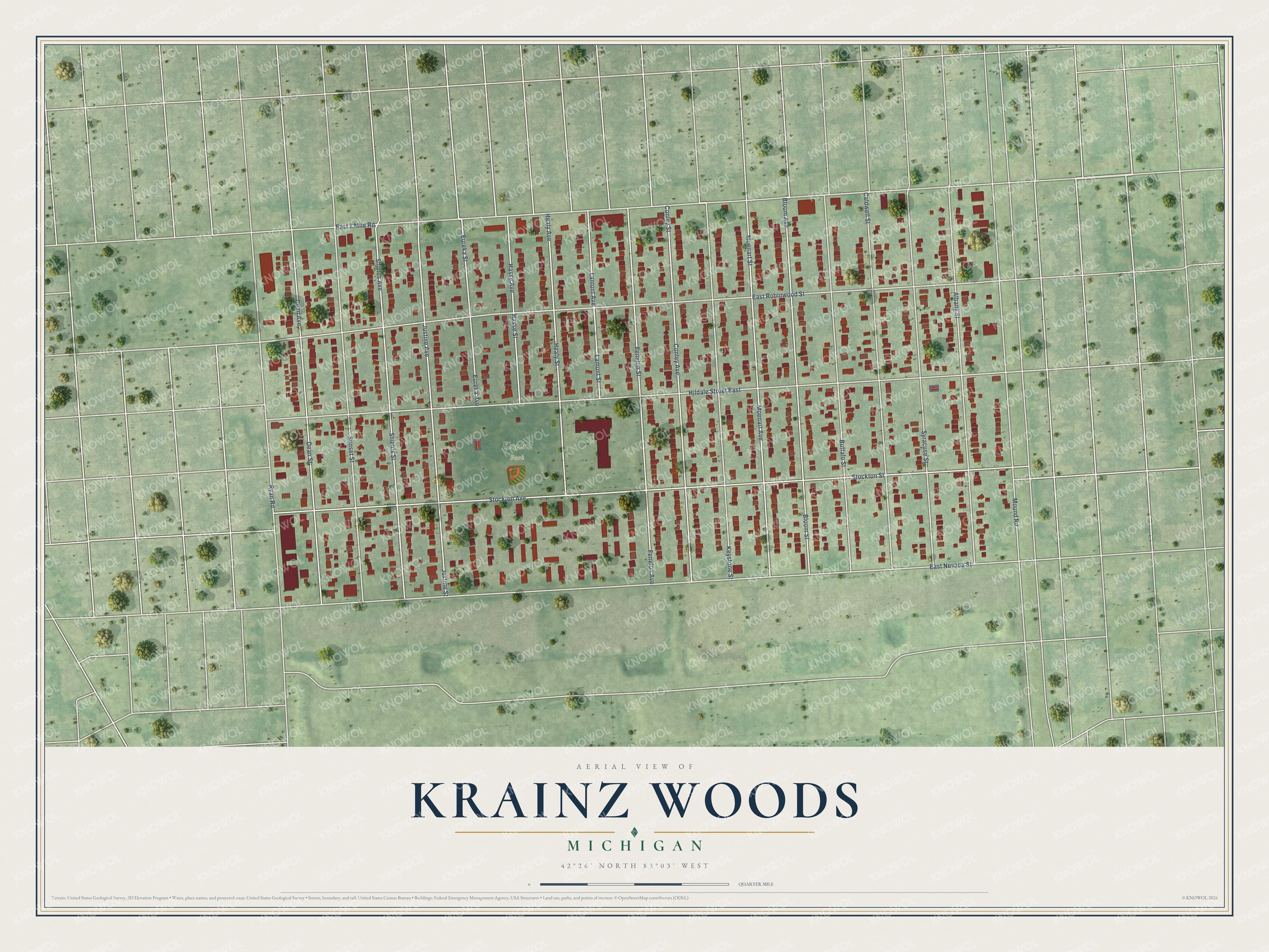 Full map of Krainz Woods, Michigan, with red buildings, printed street names and the land around them