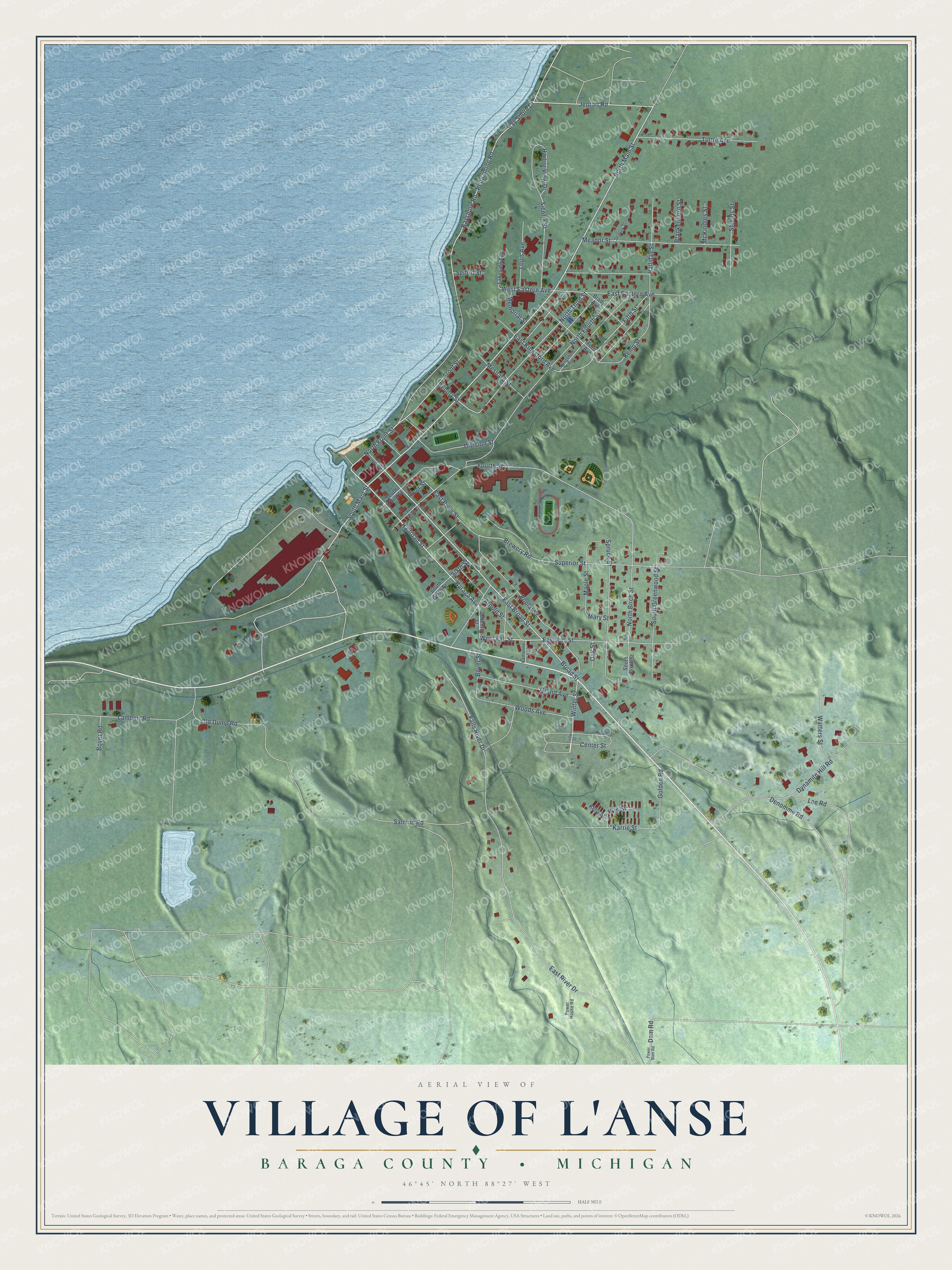 Full map of L'Anse, Michigan, with red buildings, printed street names and the land around them