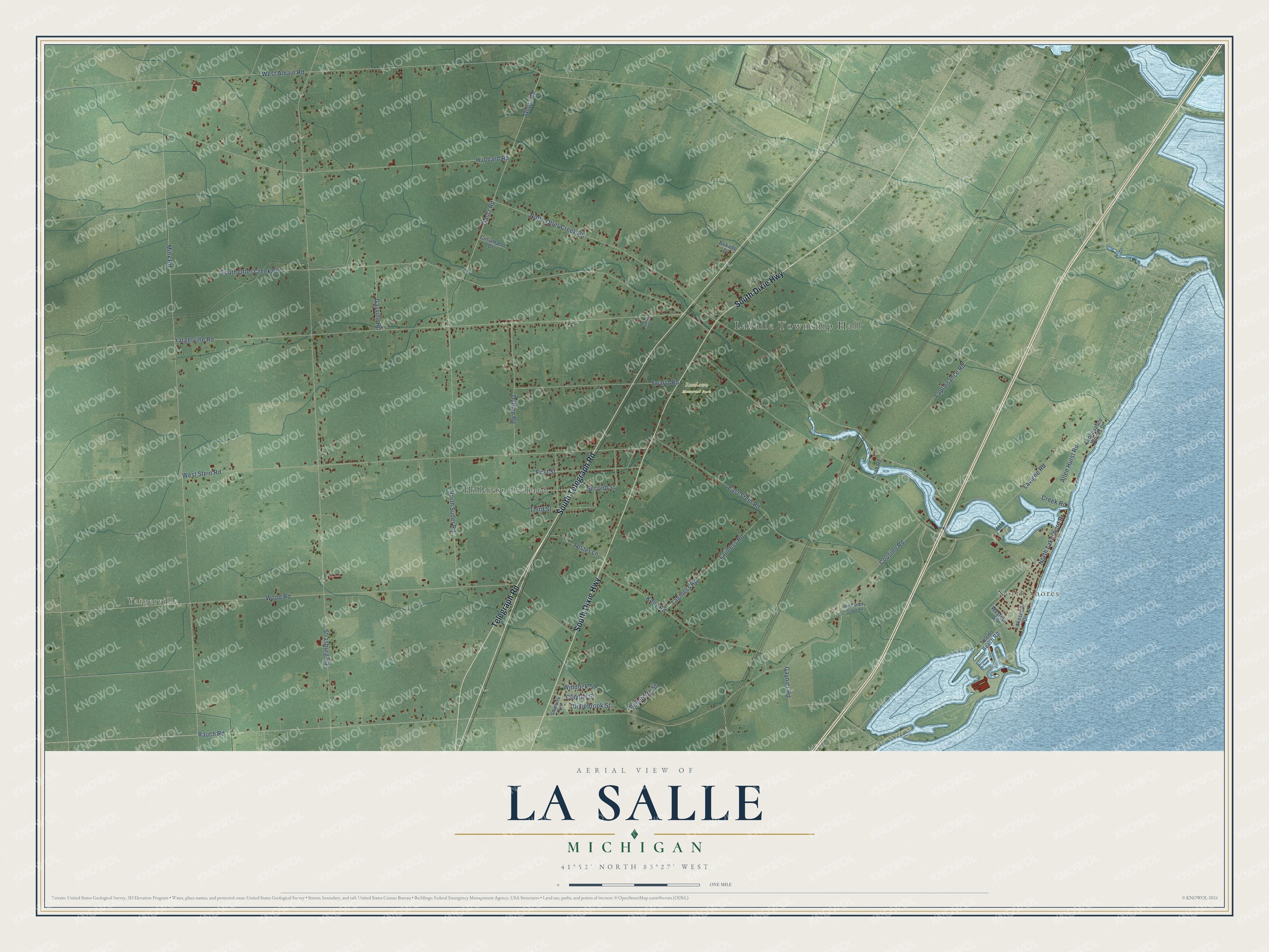 Full map of La Salle, Michigan, with red buildings, printed street names and the land around them
