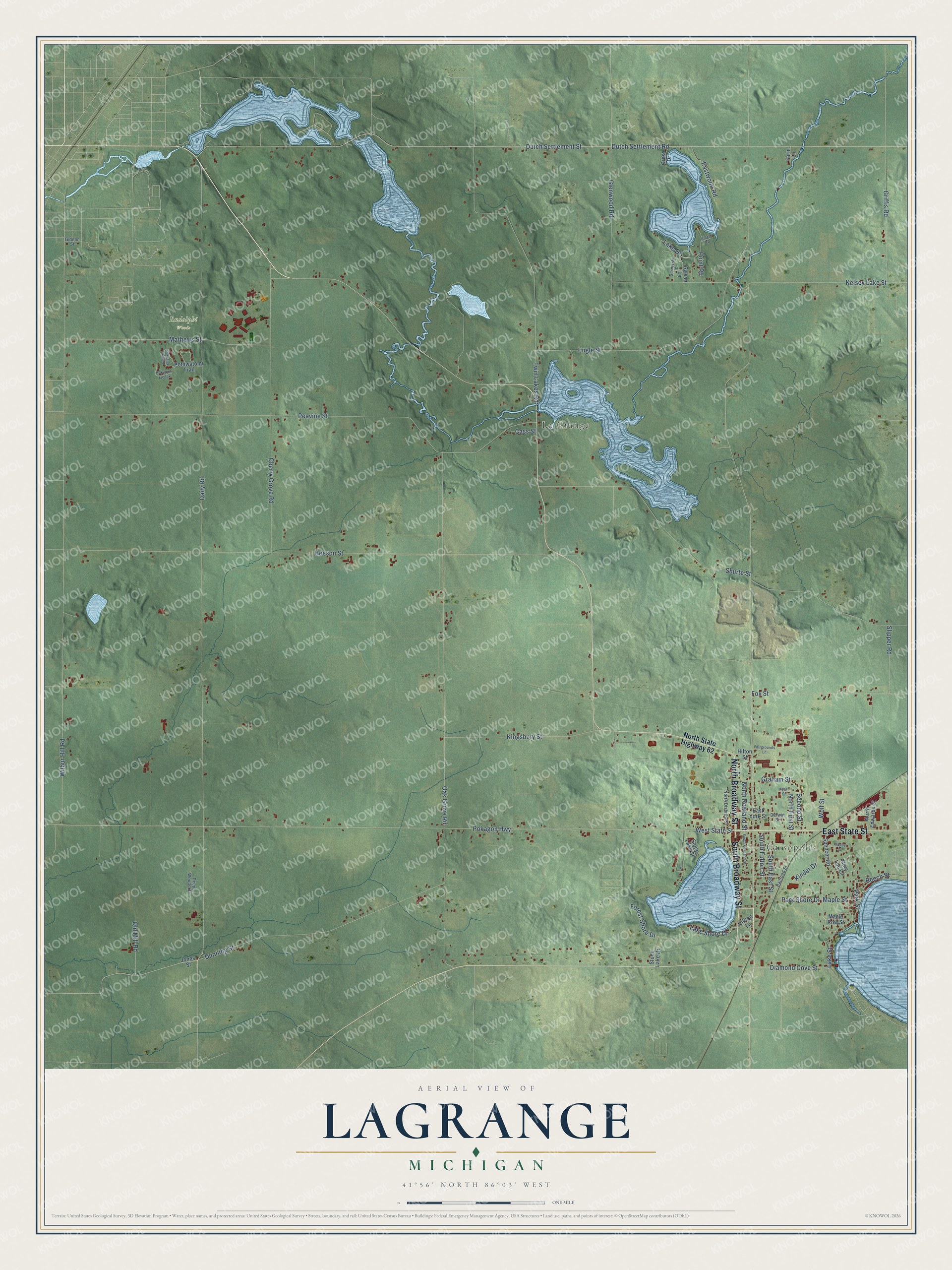 Full map of LaGrange, Michigan, with red buildings, printed street names and the land around them