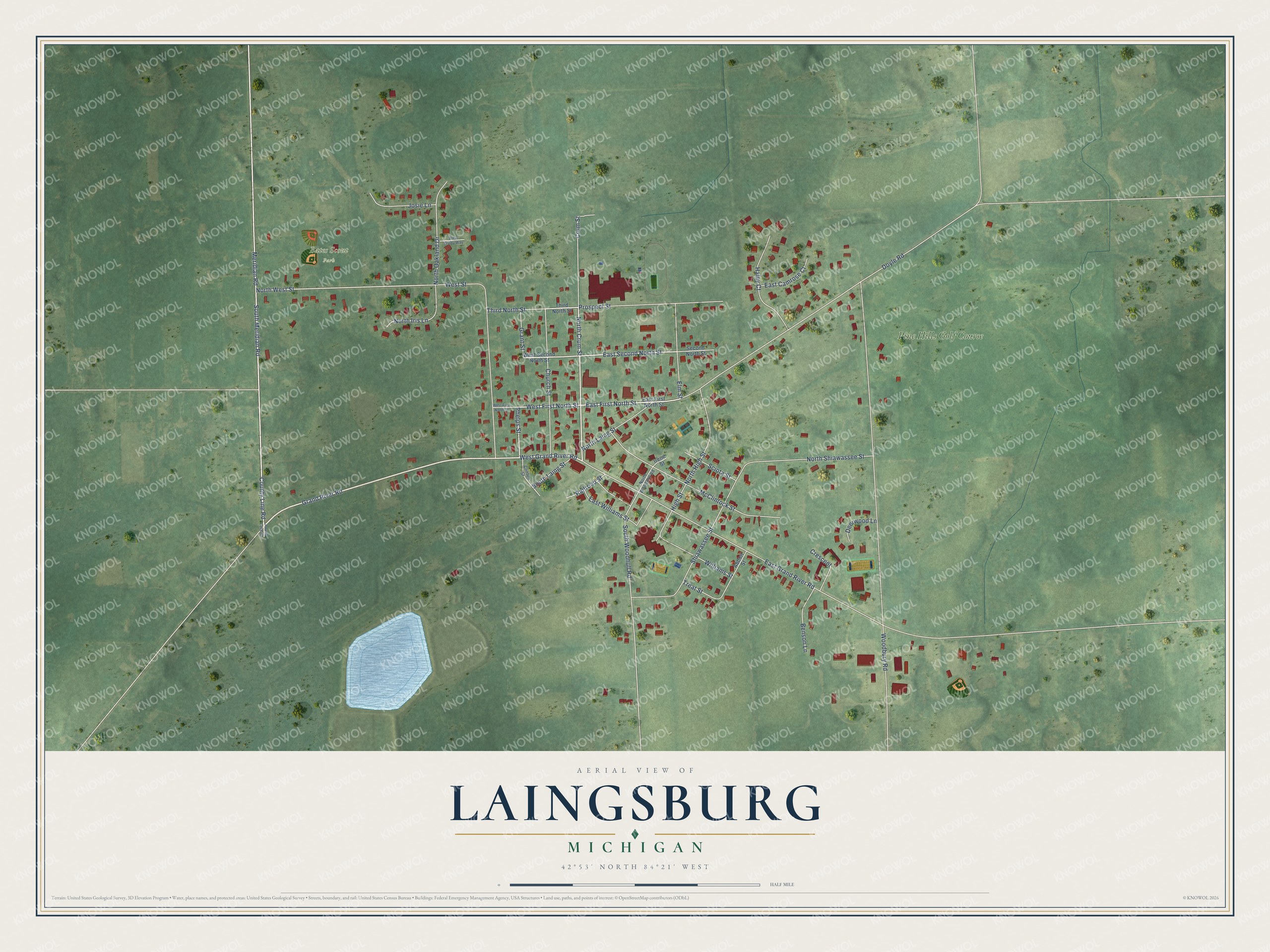 Full map of Laingsburg, Michigan, with red buildings, printed street names and the land around them