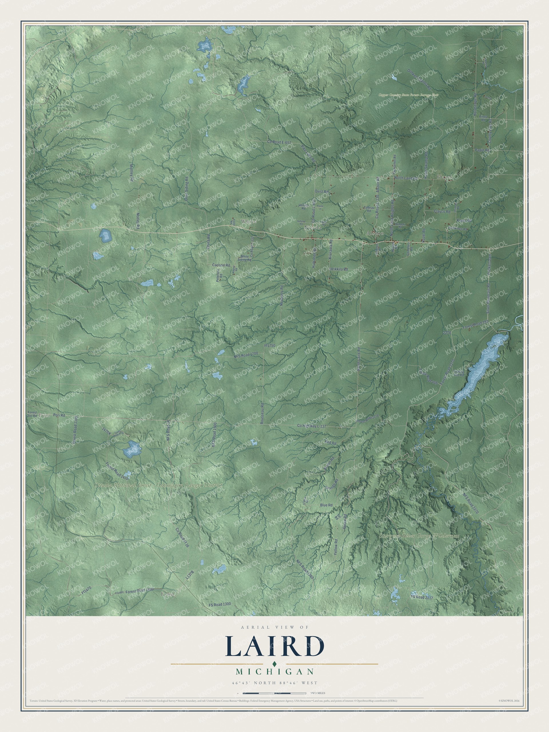 Full map of Laird, Michigan, with red buildings, printed street names and the land around them