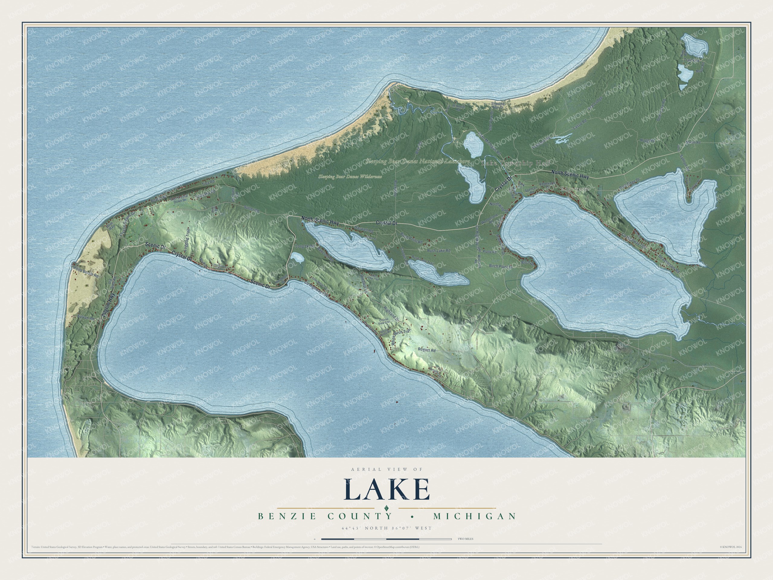 Full map of Lake, Michigan, with red buildings, printed street names and the land around them