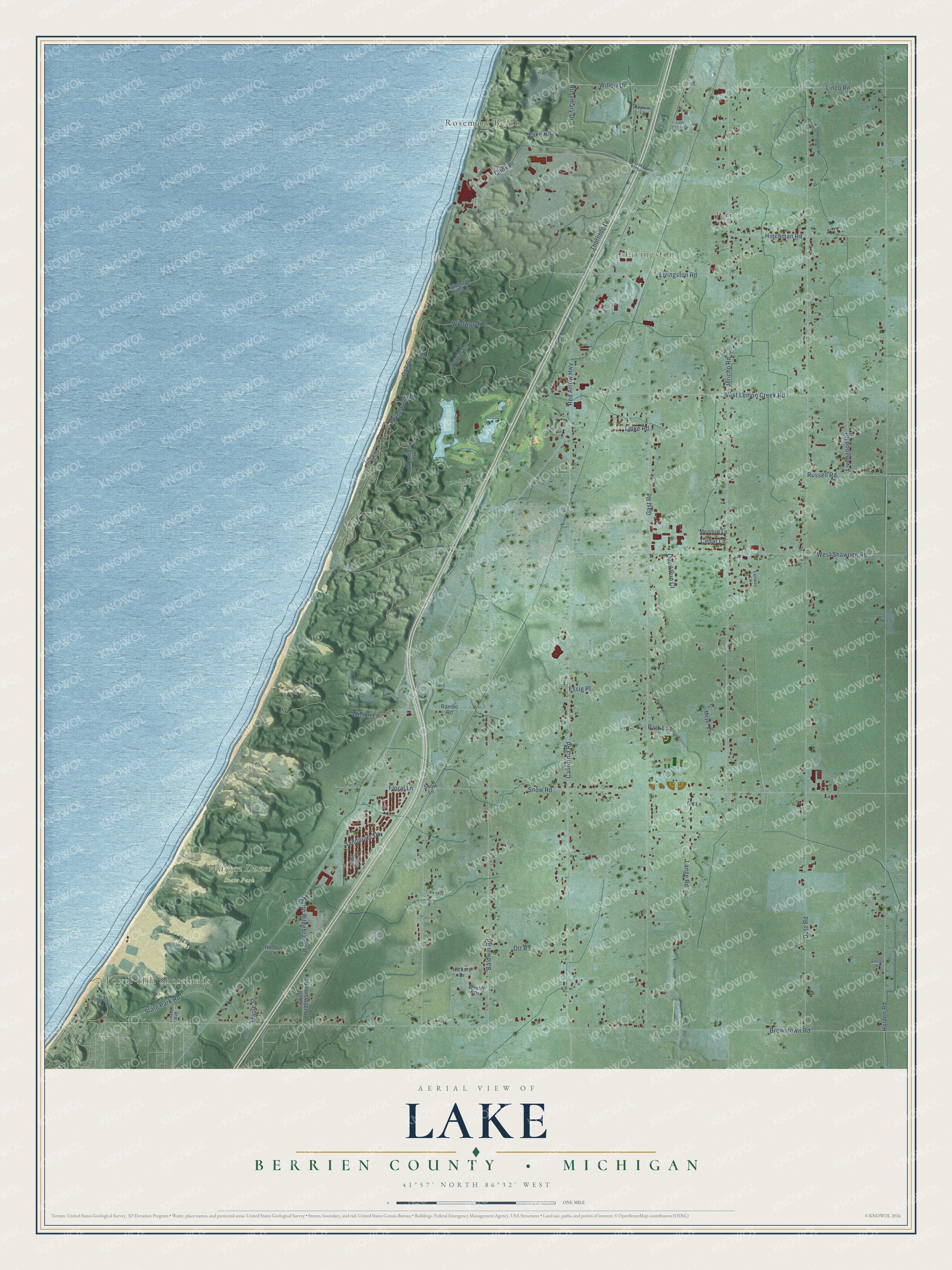 Full map of Lake, Michigan, with red buildings, printed street names and the land around them