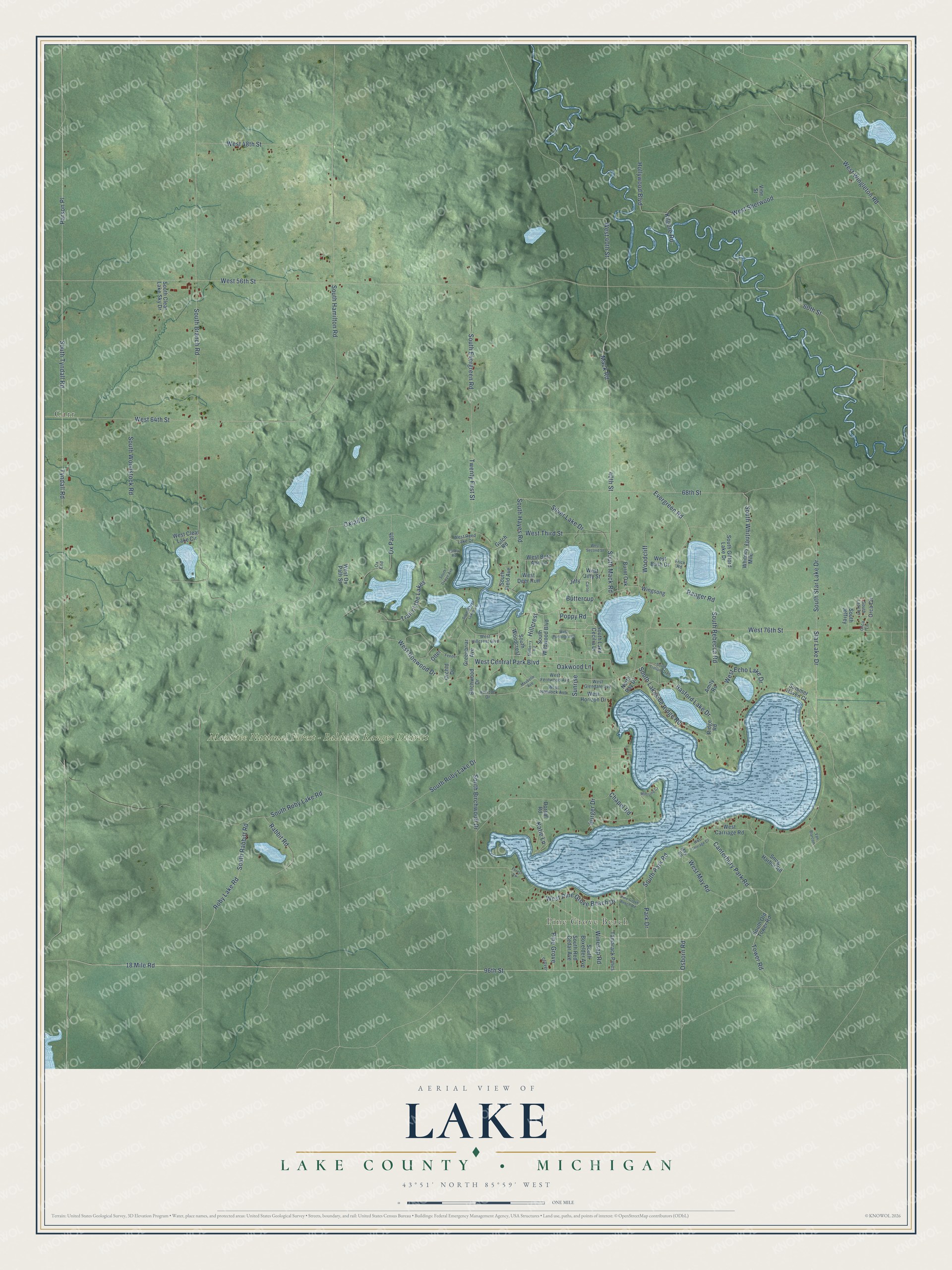 Full map of Lake, Michigan, with red buildings, printed street names and the land around them