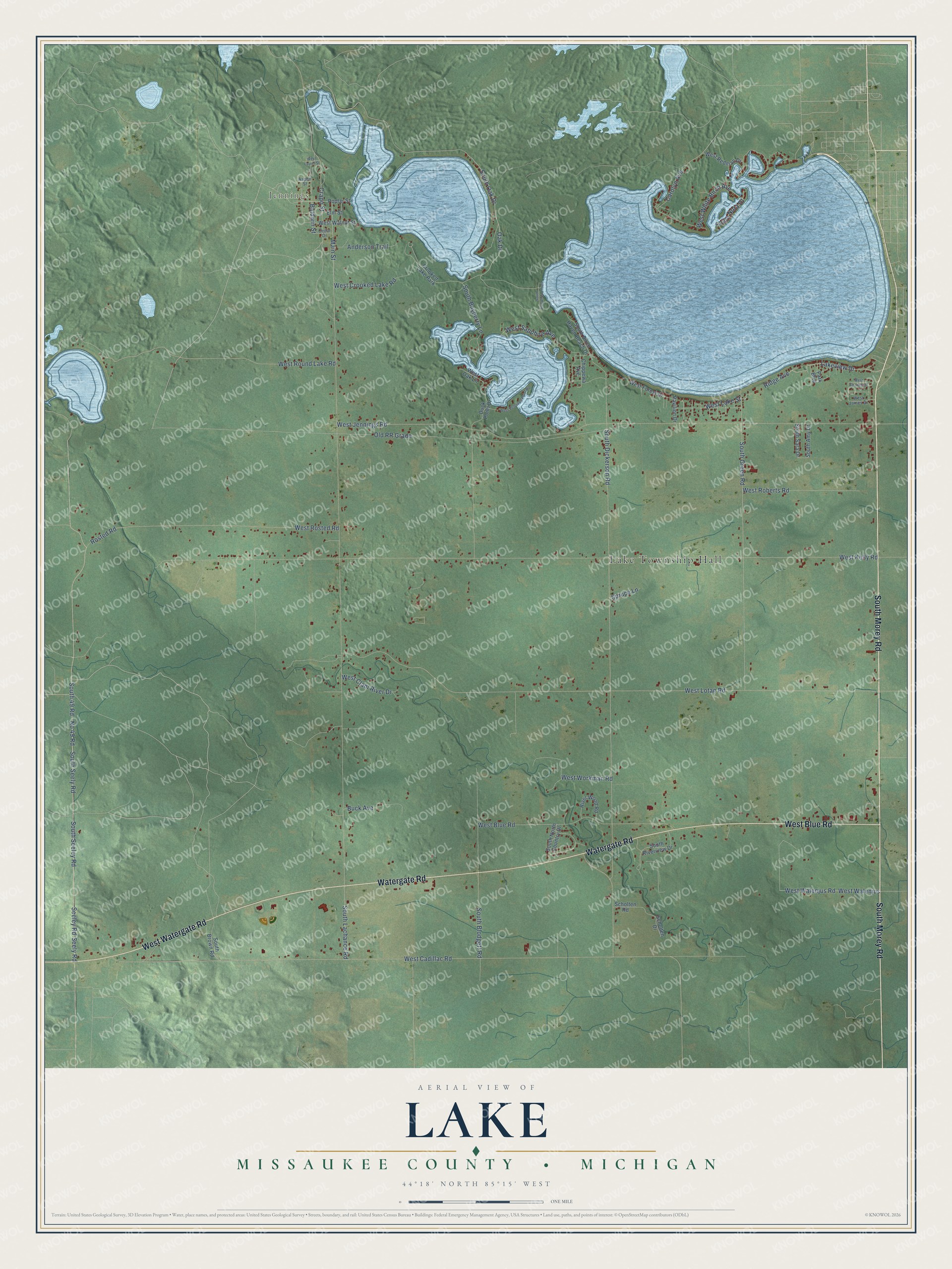 Full map of Lake, Michigan, with red buildings, printed street names and the land around them
