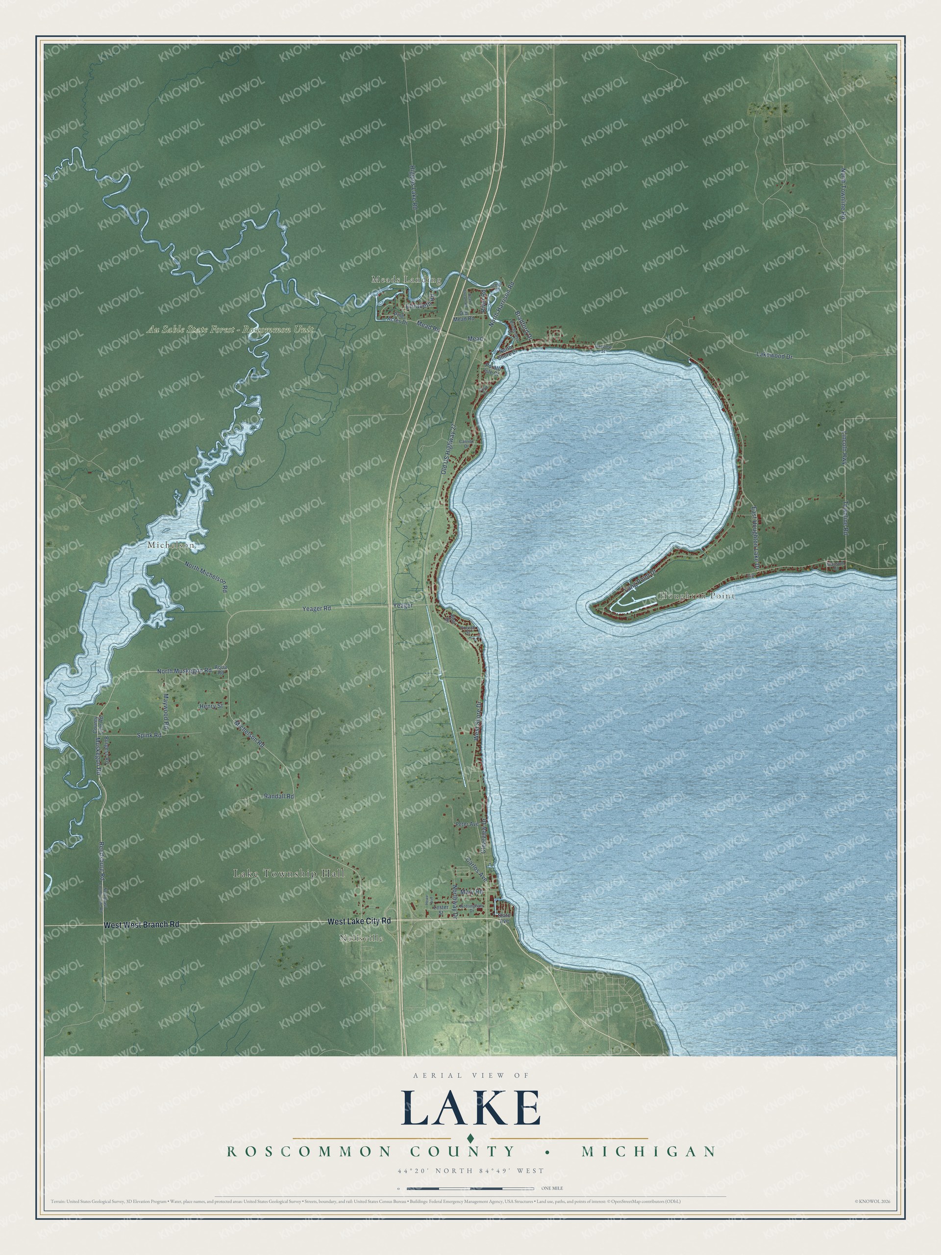 Full map of Lake, Michigan, with red buildings, printed street names and the land around them