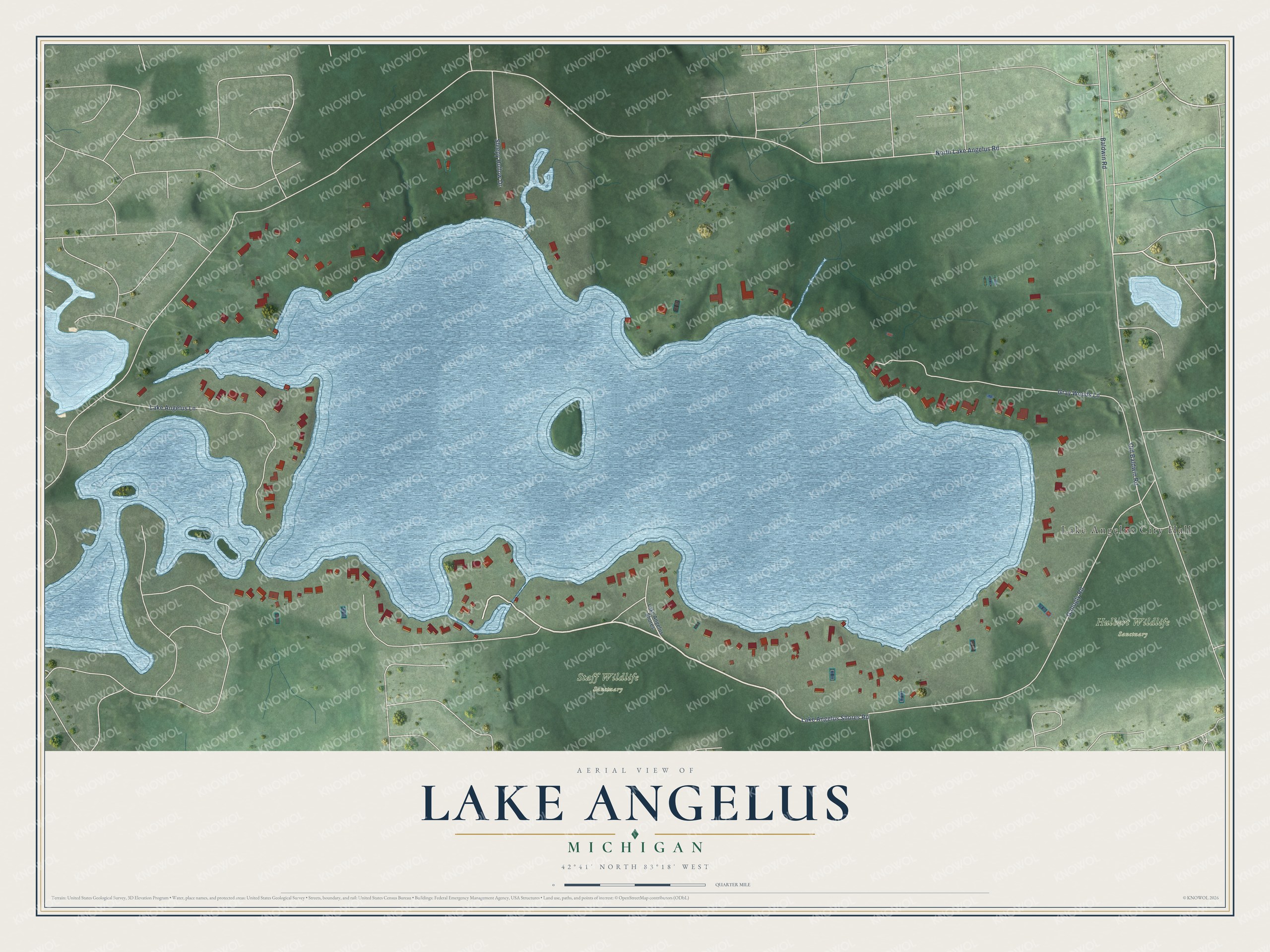 Full map of Lake Angelus, Michigan, with red buildings, printed street names and the land around them