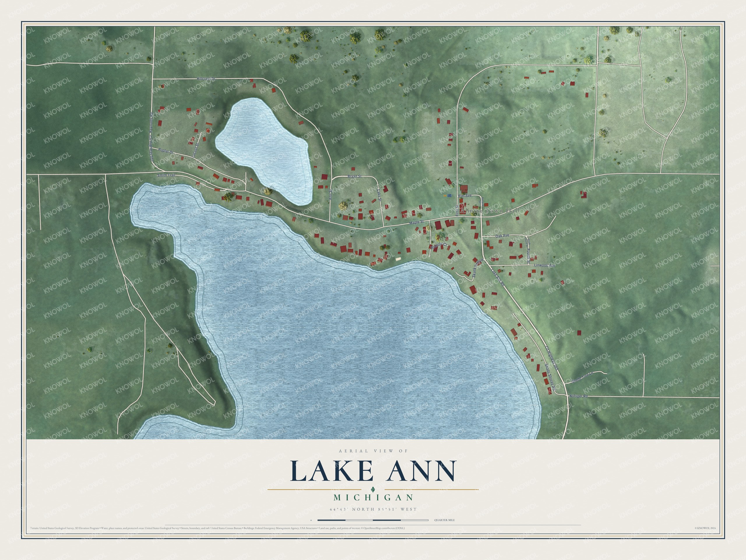 Full map of Lake Ann, Michigan, with red buildings, printed street names and the land around them