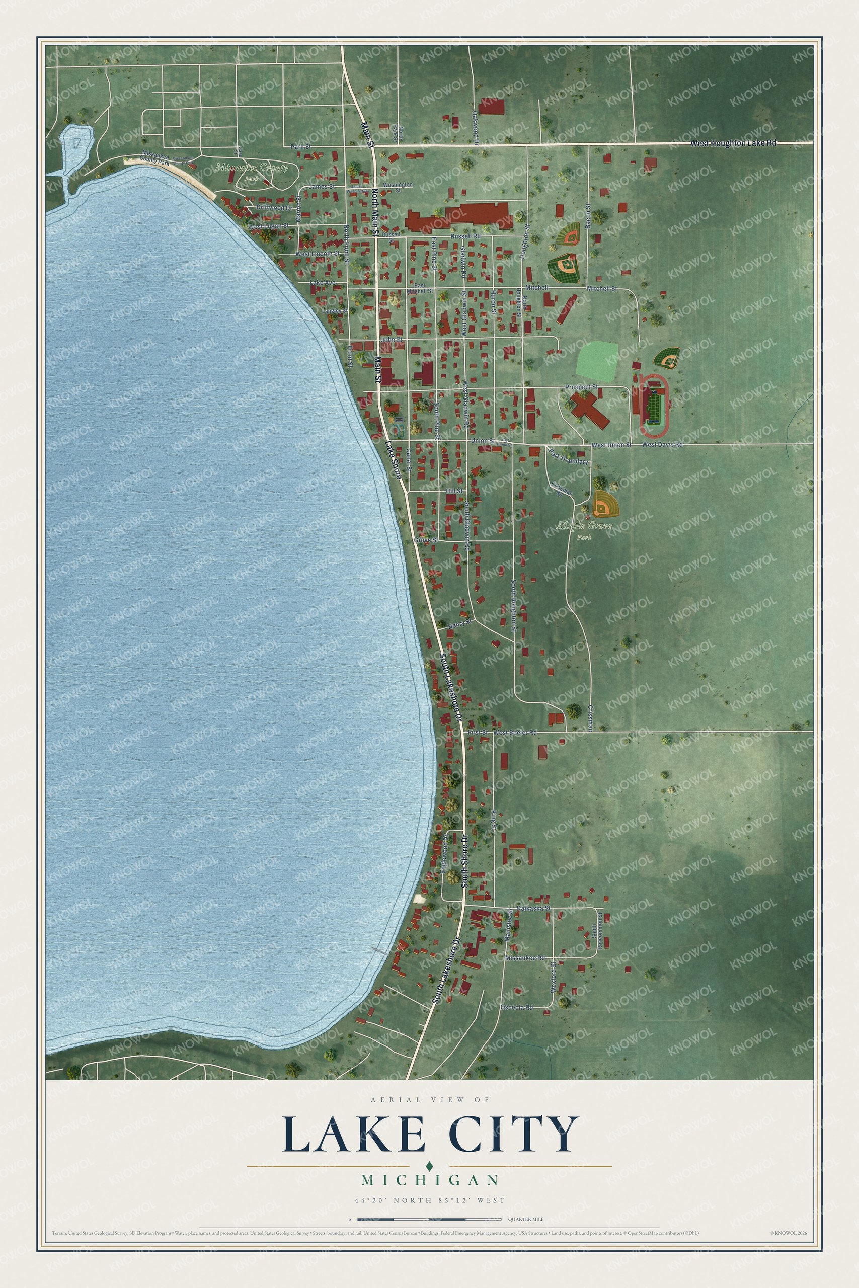 Full map of Lake City, Michigan, with red buildings, printed street names and the land around them