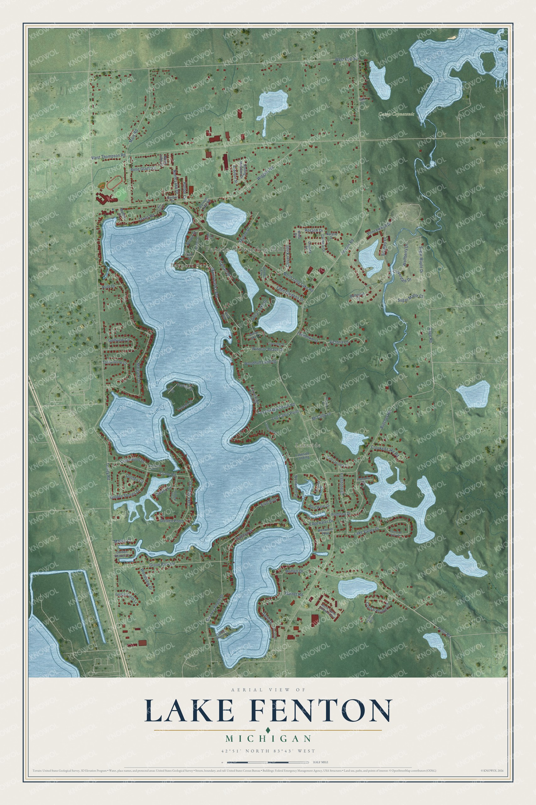Full map of Lake Fenton, Michigan, with red buildings, printed street names and the land around them