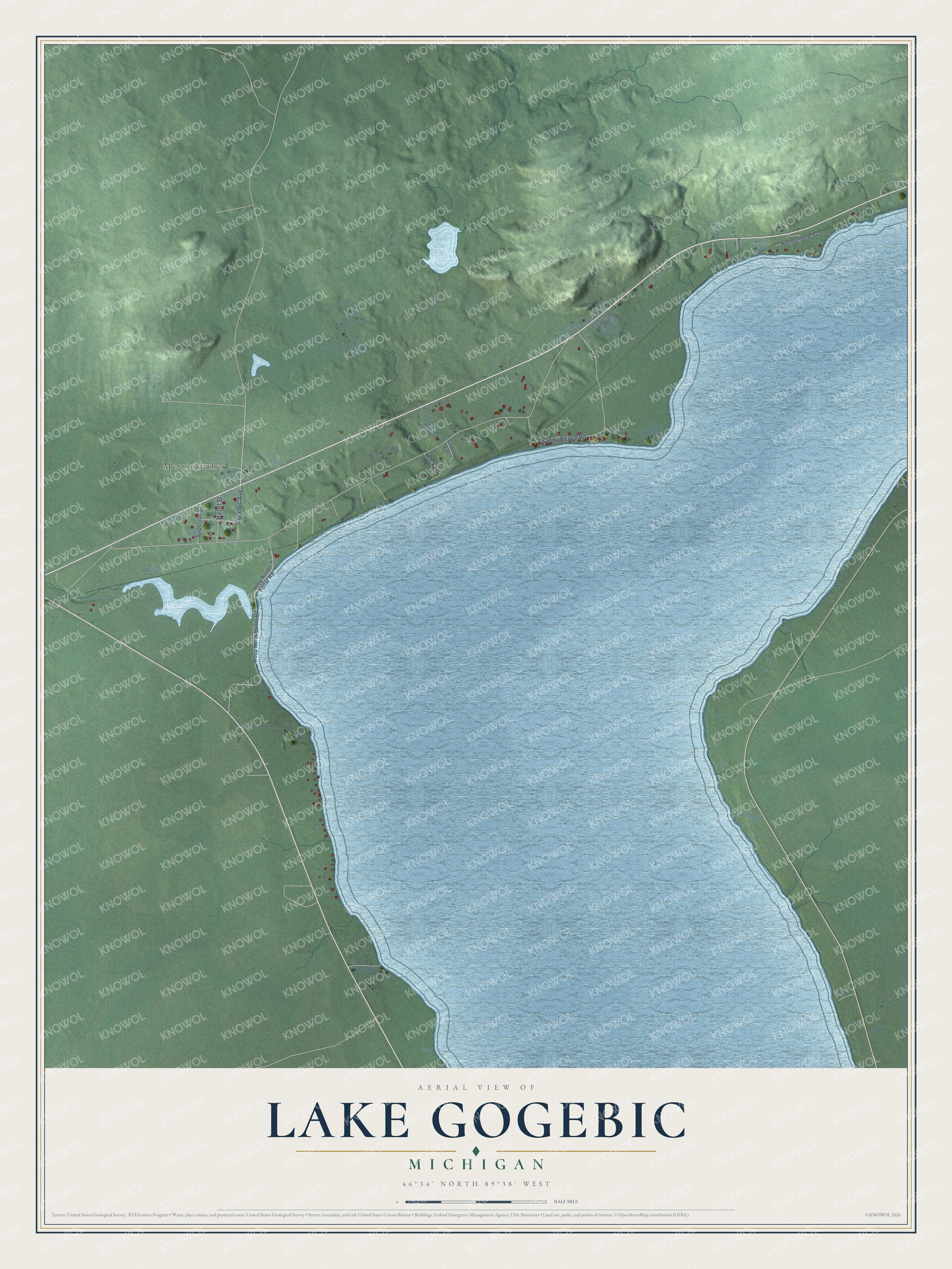 Full map of Lake Gogebic, Michigan, with red buildings, printed street names and the land around them