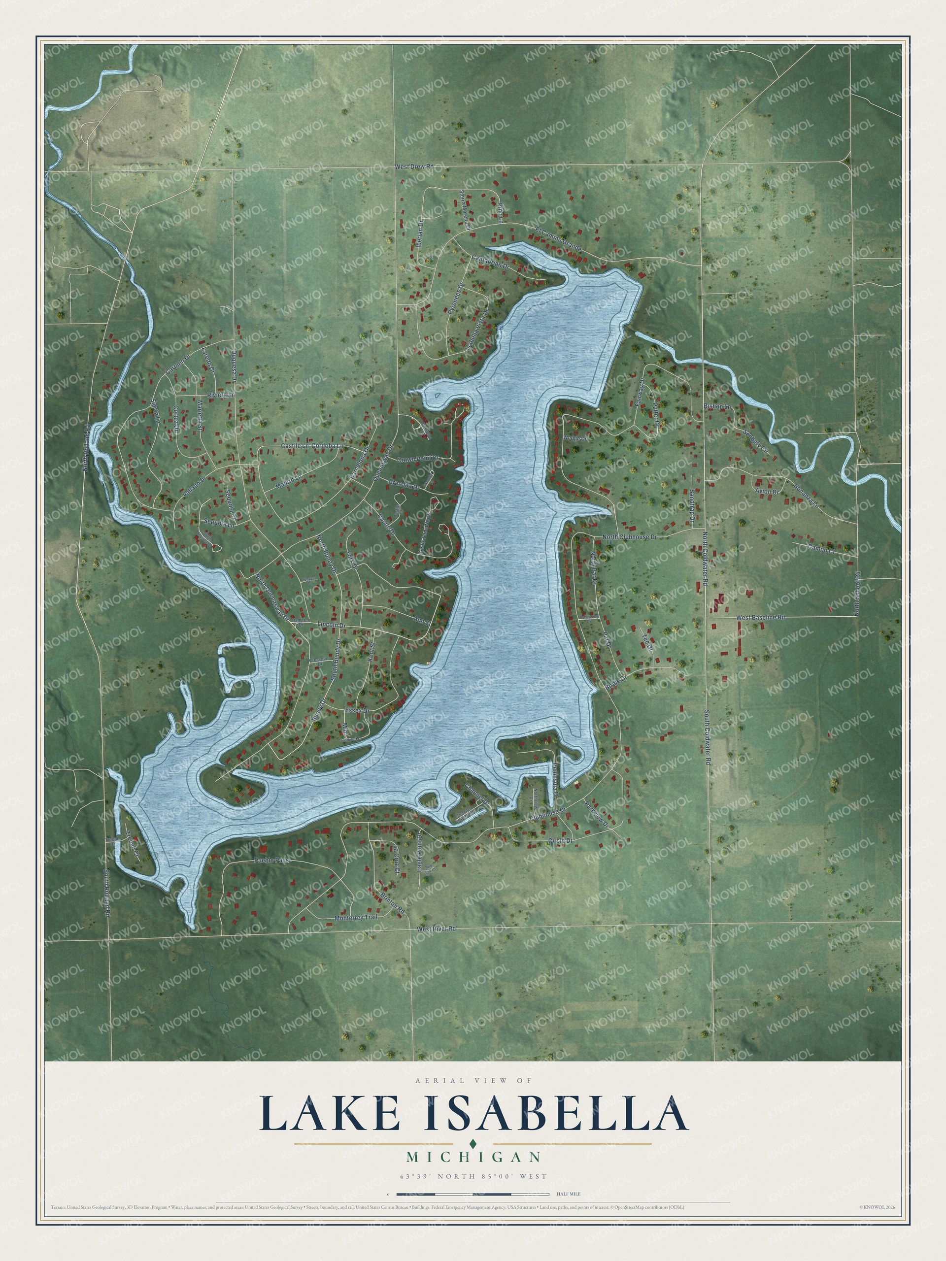 Full map of Lake Isabella, Michigan, with red buildings, printed street names and the land around them